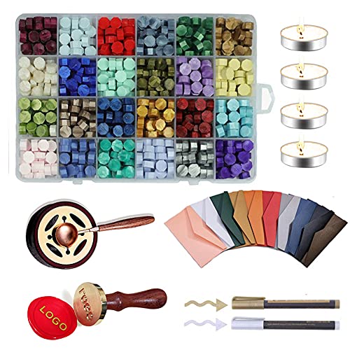 Manzelun Custom Logo Wax Seal Stamp Kit - 24 Colors 600 PCS Wax Beads, Sealing Wax Warmer, Metallic Pen, Envelope & Spoon for Wedding Invitations, Gift Wrapping & DIY Crafts (25mm) - Perfect for Elegant Wedding Stationery, Vintage Letters & Luxury Packaging