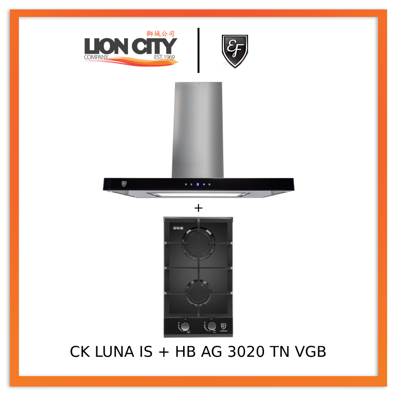 EF CK LUNA 90cm Island Hood with EF HB AG 3020 TN VGB Built-in Hob - Modern Kitchen Ventilation for Home Cooking & Grilling