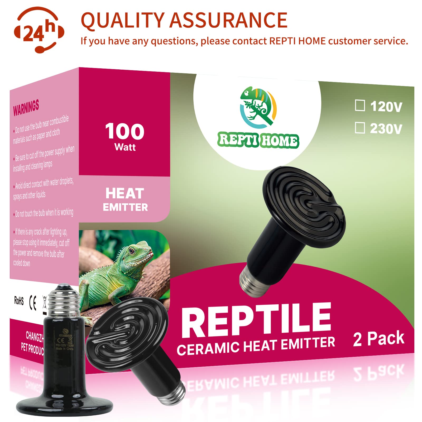 100W Ceramic Heat Emitter (2 Pack) - Reptile Heat Lamp Bulbs for Lizards, Snakes & Amphibians | Ceramic Heater for Pet Brooder Coop, Chicken, Dog & Cat | Ideal for Terrariums, Incubators & Pet Heating