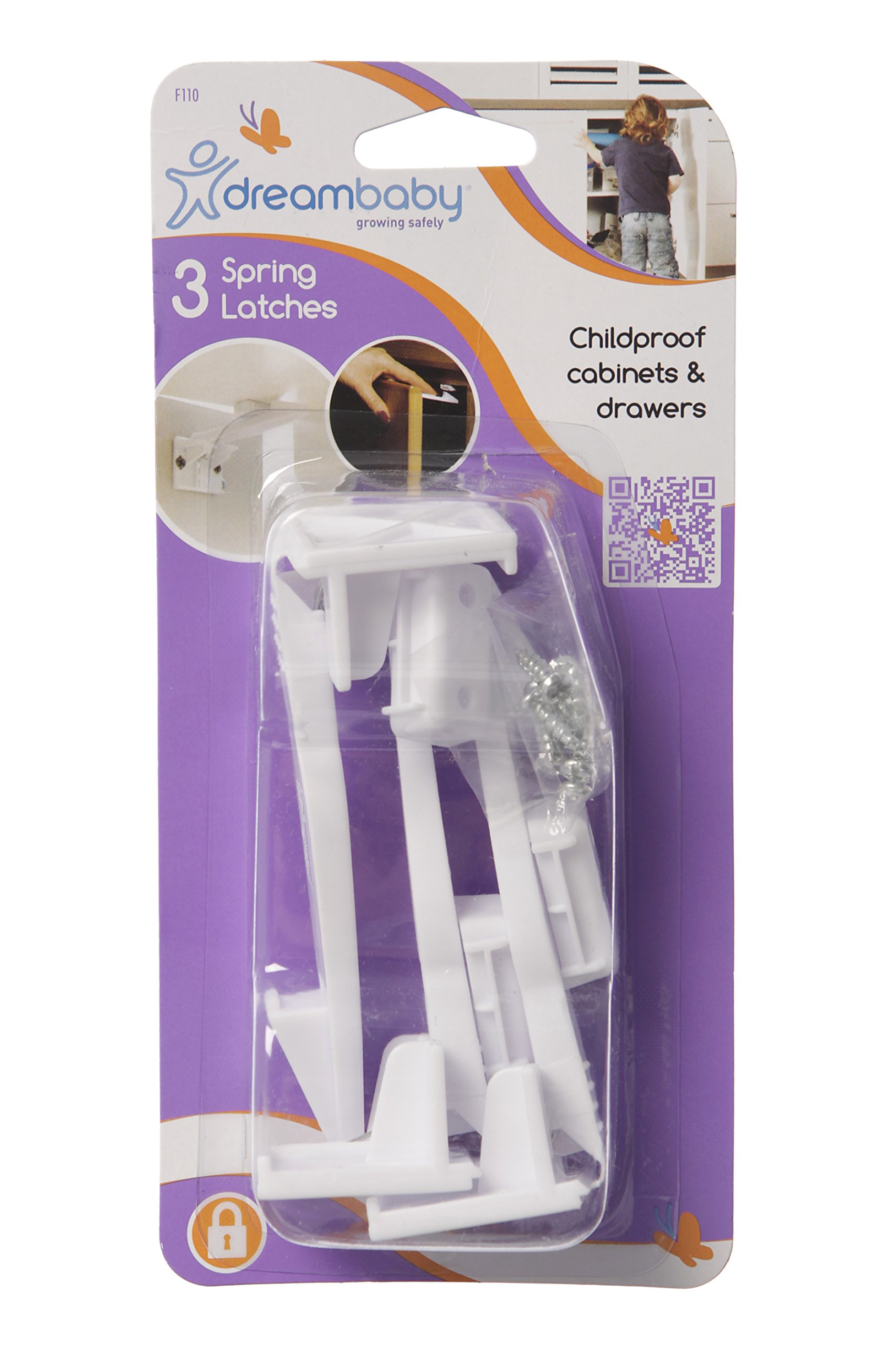 Dreambaby Spring Latches 3 Pack - Child Safety Cabinet Locks for Kitchen, Bathroom & Nursery - Easy Install Baby Proofing Essentials