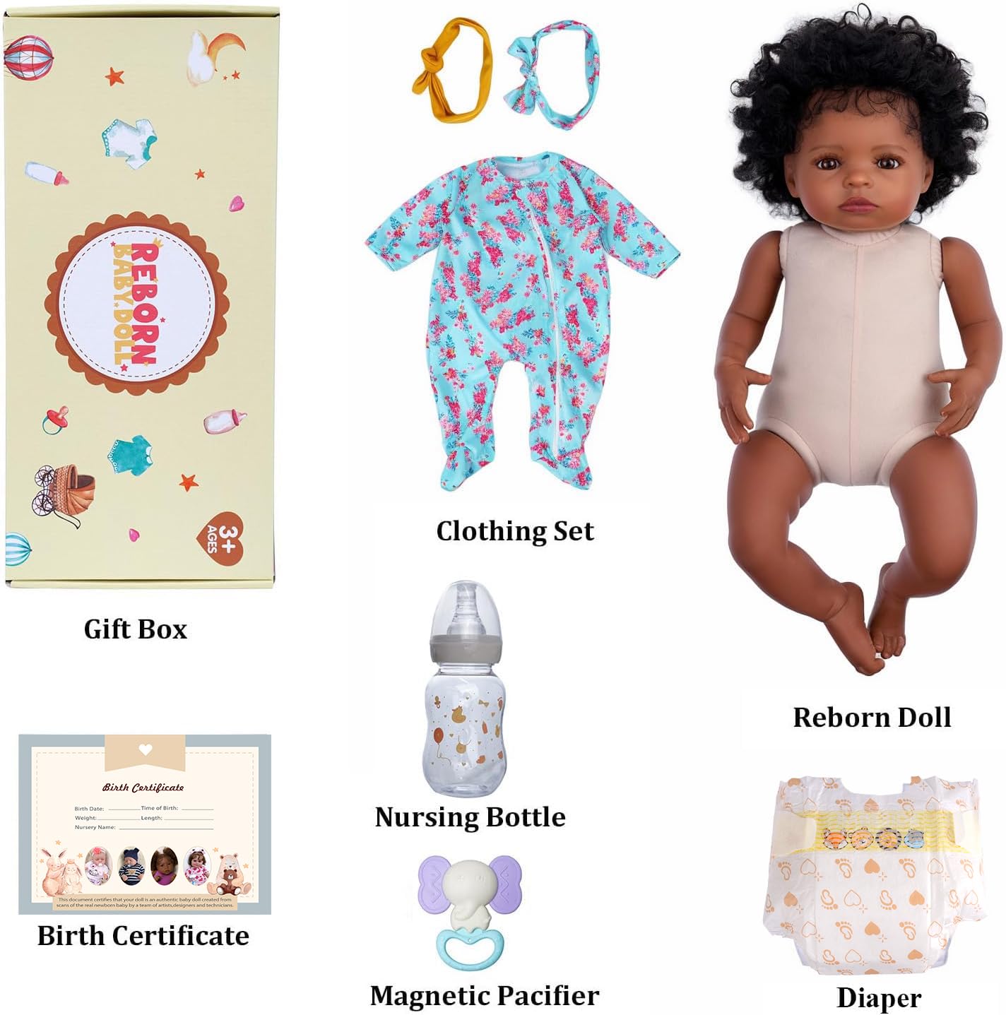 Lifelike 18 Inch Reborn Baby Doll - Realistic Black Girl Newborn Doll with Soft Vinyl Body & Outfit - Perfect Gift for Kids Age 3+ - Great for Role Play, Collecting, and Therapy Use