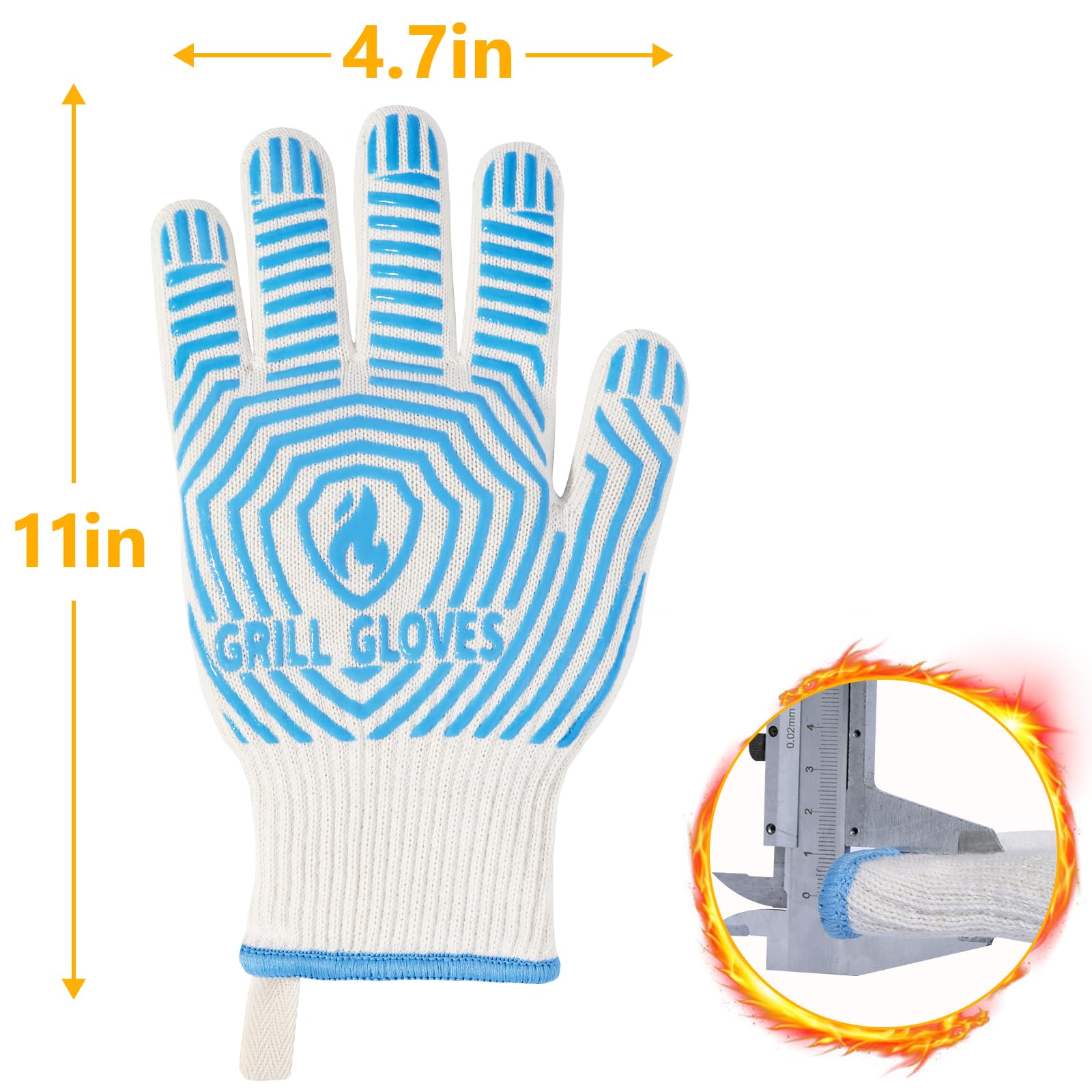 QUWIN Heat Resistant BBQ Gloves - 1472℉ Extreme Heat Protection, Non-Slip Silicone Oven Mitts for Grilling, Cooking & Baking - Perfect for Outdoor BBQ, Camping & Kitchen Use (Blue, One Size Fits Most)