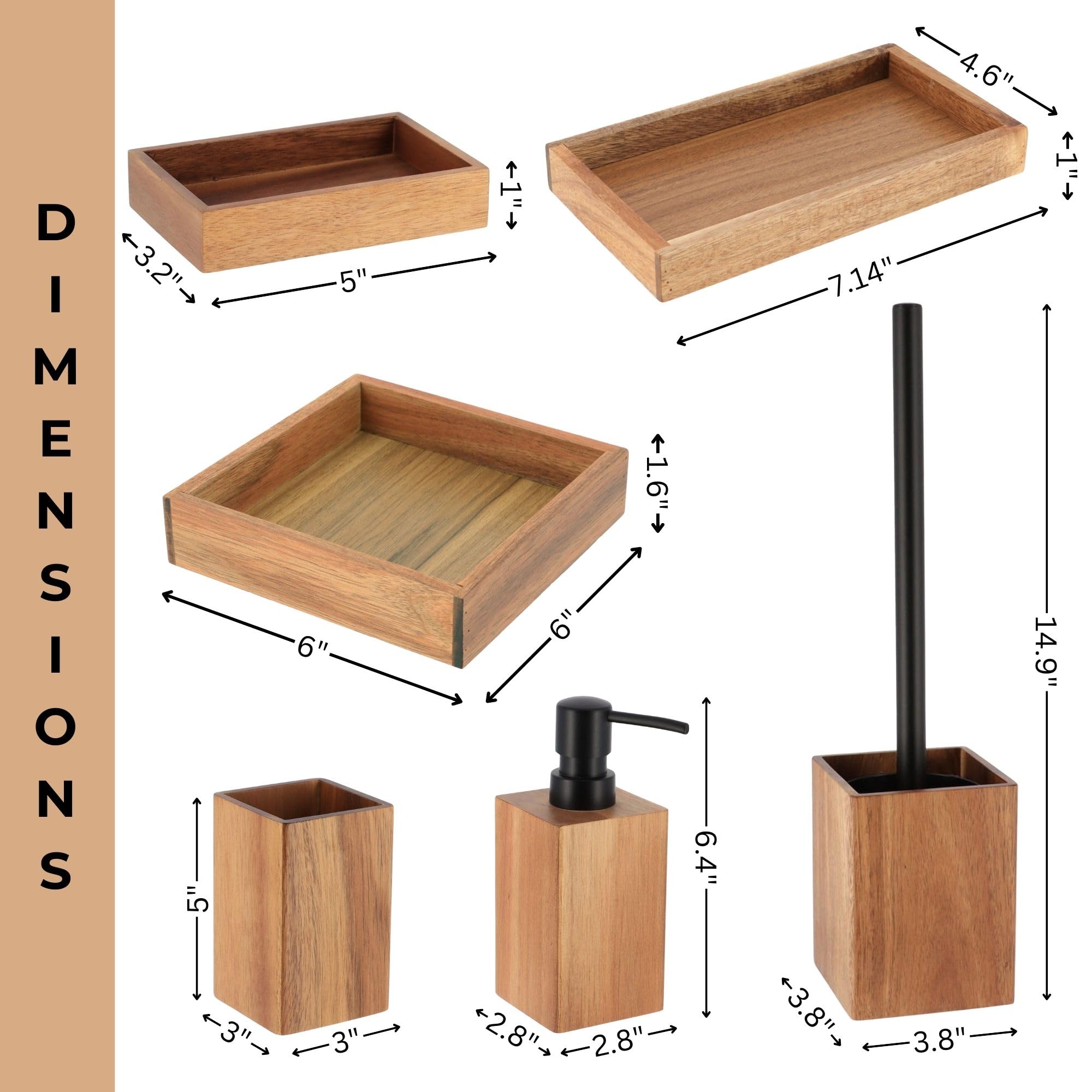 Premium Acacia Wood Bathroom Accessory Set - 6 Piece Shower Caddy with Soap Dish, Toothbrush Holder & More for Modern Bathroom Decor