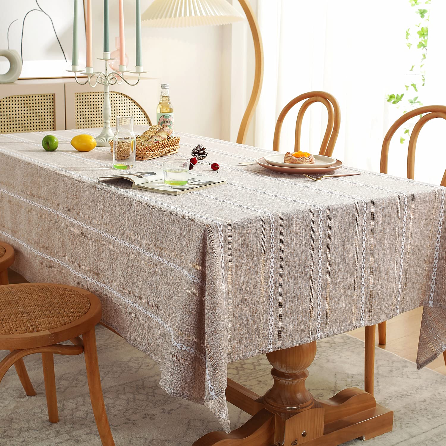 Farmhouse Style Linen Tablecloth 60x84 Inches - Wrinkle Resistant, Washable Rectangle Dining Table Cover in Light Coffee with Hemstitch Detail | Perfect for Rustic Weddings, Holiday Dinners & Farmhouse Decor
