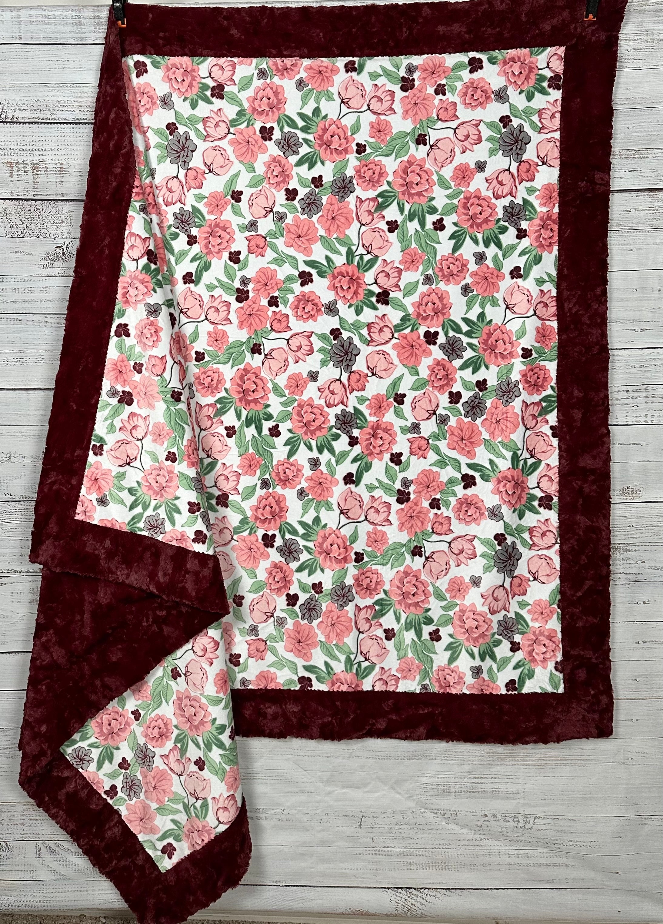 Luxury Coral Floral Print Marble Merlot Minky Blanket for Adults - 54x80 Inches, Soft & Cozy Throw Blanket for Bed, Sofa, and Home Decor