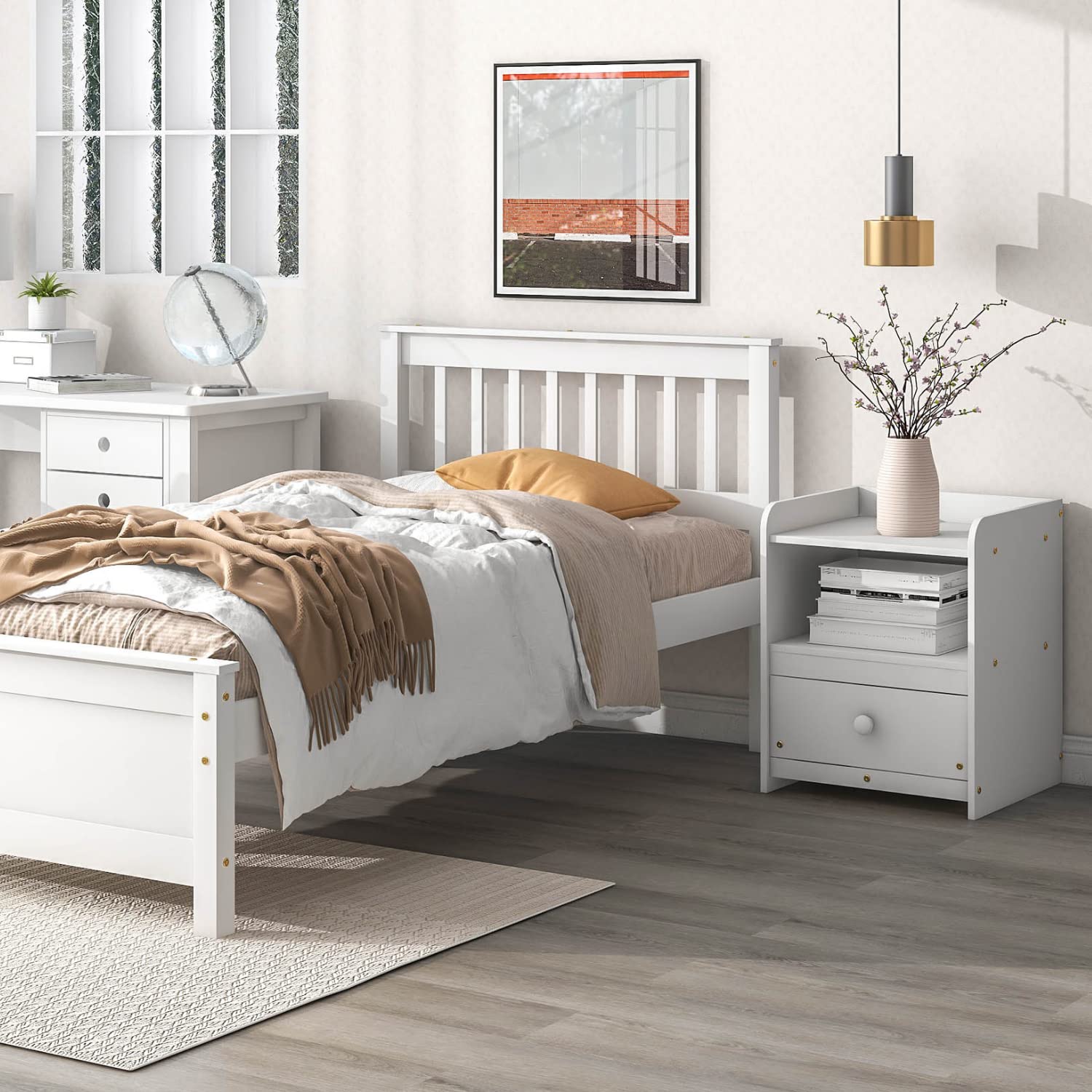 2 Piece Twin Bedroom Set - Wooden Twin Bed Frame with Headboard, Footboard & Matching Nightstand - No Box Spring Needed - Perfect for Kids, Teens, Boys & Girls Bedrooms - Durable White Bedroom Furniture for Small Spaces & Guest Rooms