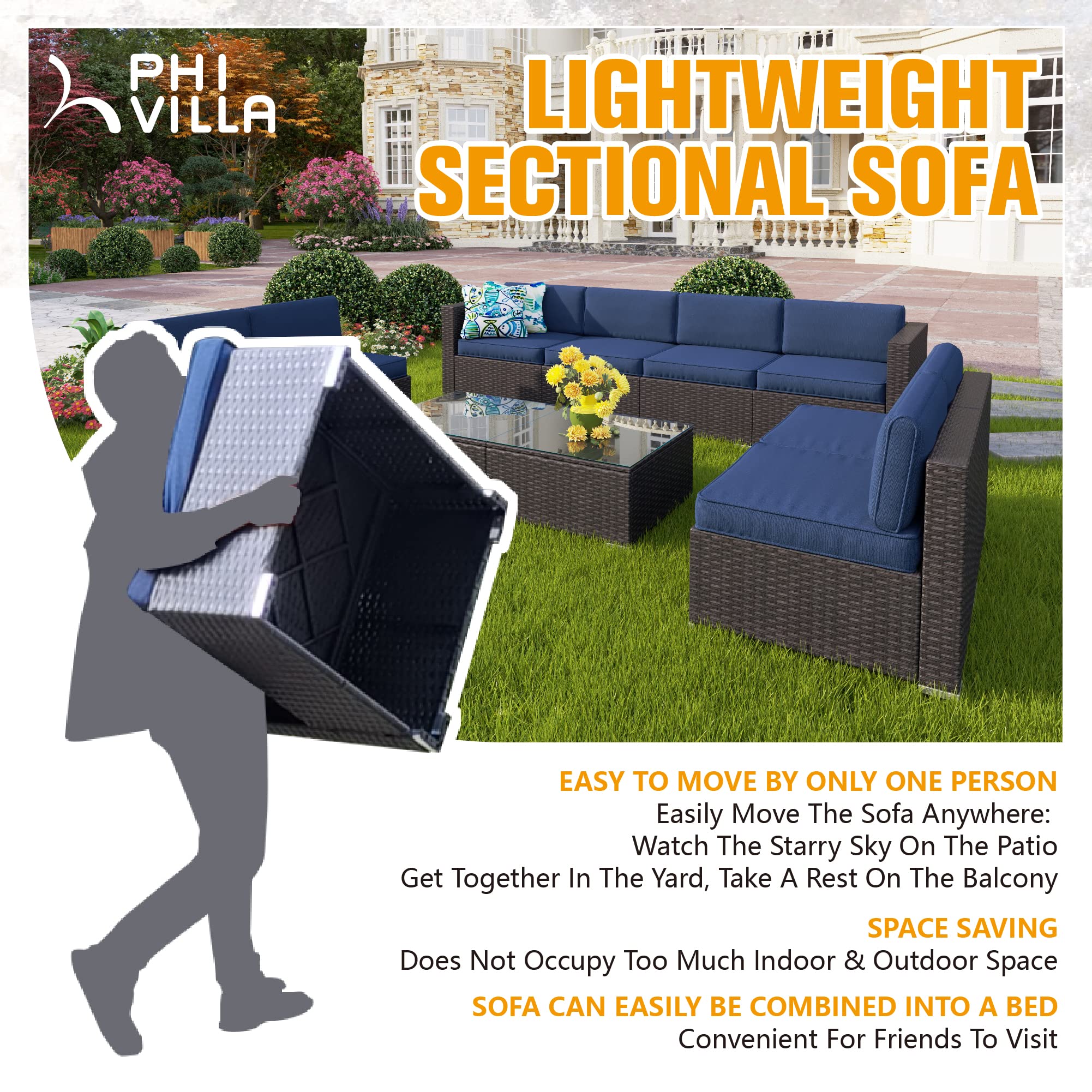 PHI VILLA 2-Piece Outdoor Rattan Sectional Sofa Set with Cushions - Navy Blue Wicker Patio Furniture for Small Spaces (2-Person Seating) - Perfect for Backyard, Balcony, and Poolside Relaxation