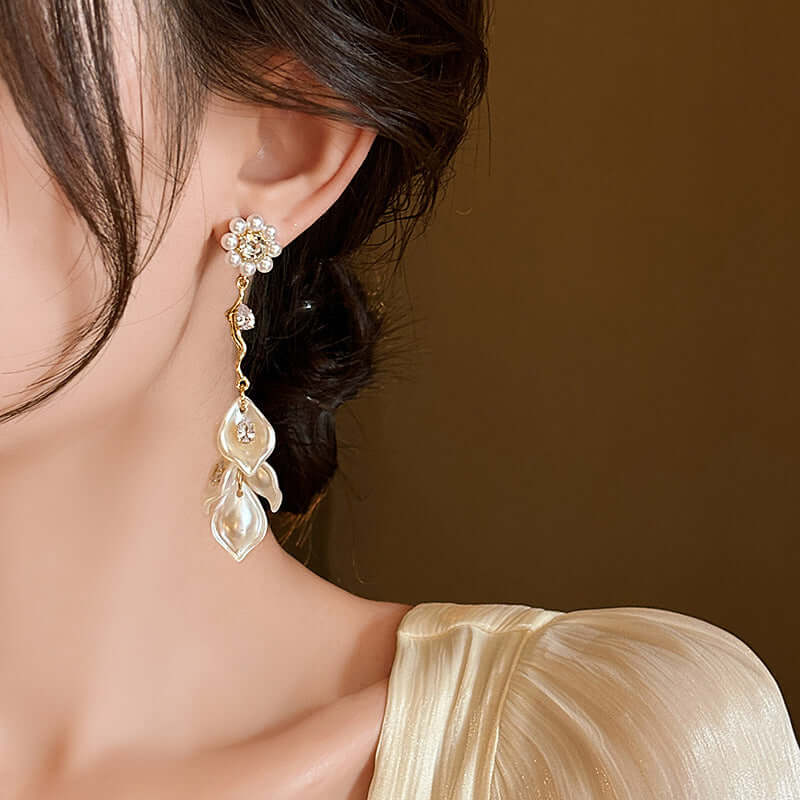 Pearl Petal Drop Earrings N2393 - Elegant Floral Dangle Earrings for Women, Perfect for Weddings, Parties & Special Occasions