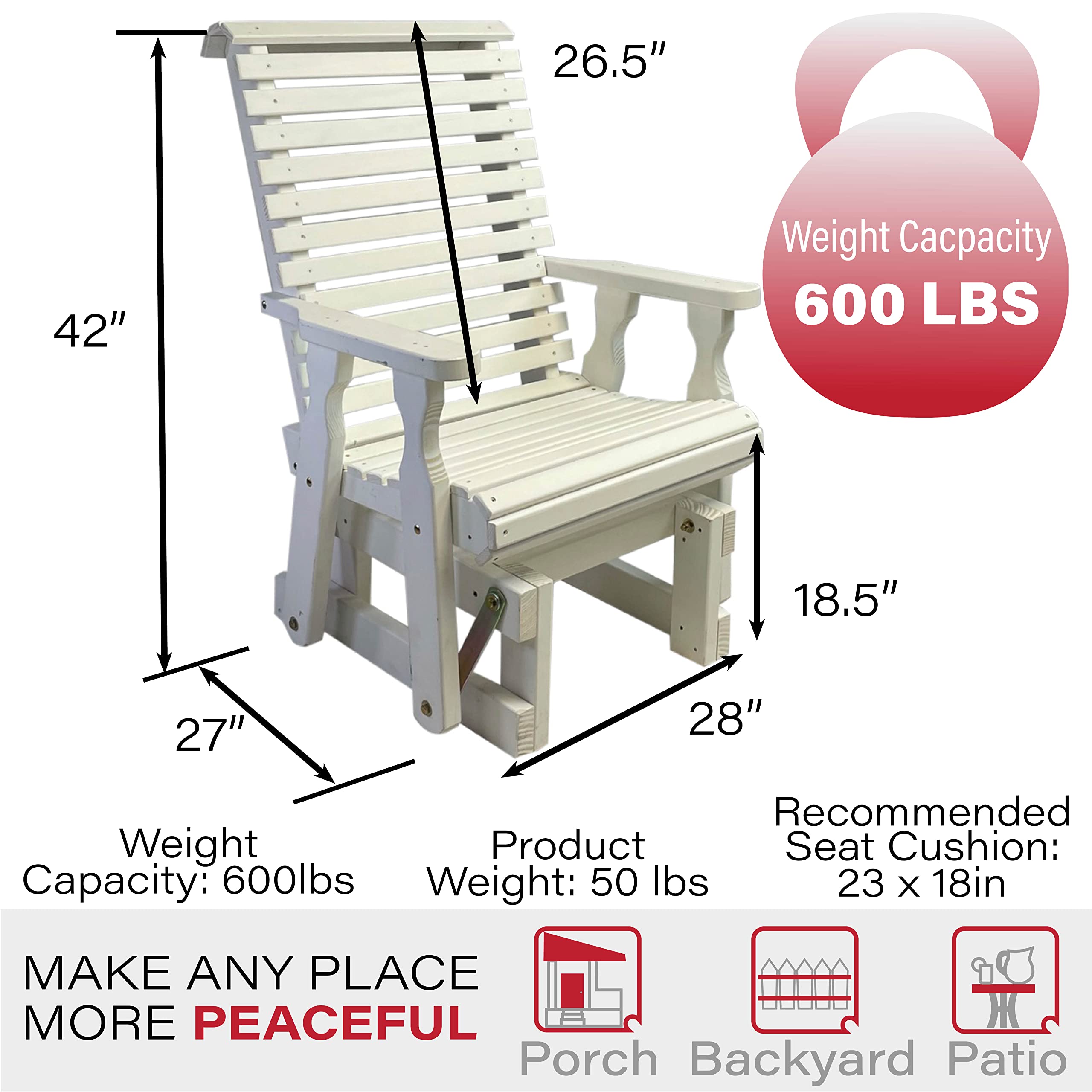 Amish Heavy Duty 600 Lb Capacity Roll Back High Back Treated Glider Chair - Semi-Solid White Stain - Durable Outdoor Rocking Chair for Patio, Porch & Garden Relaxation