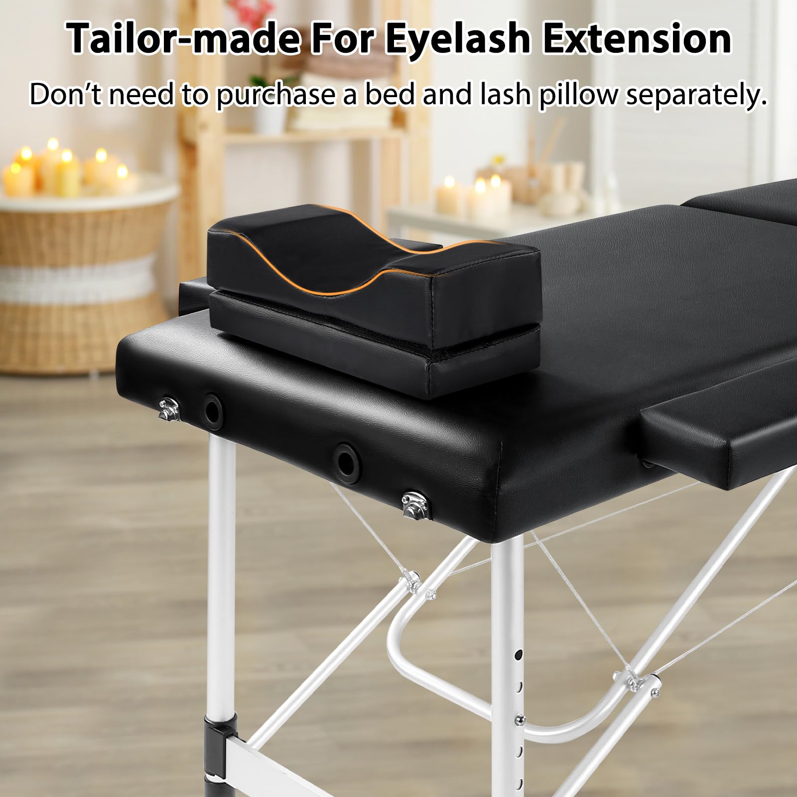 Portable Adjustable Lash Extension Bed - Professional Esthetician Salon Table with Waterproof Aluminum Frame & Eyelash Pillow - Perfect for Eyelash Extensions, Spa Treatments & Beauty Services (Black)