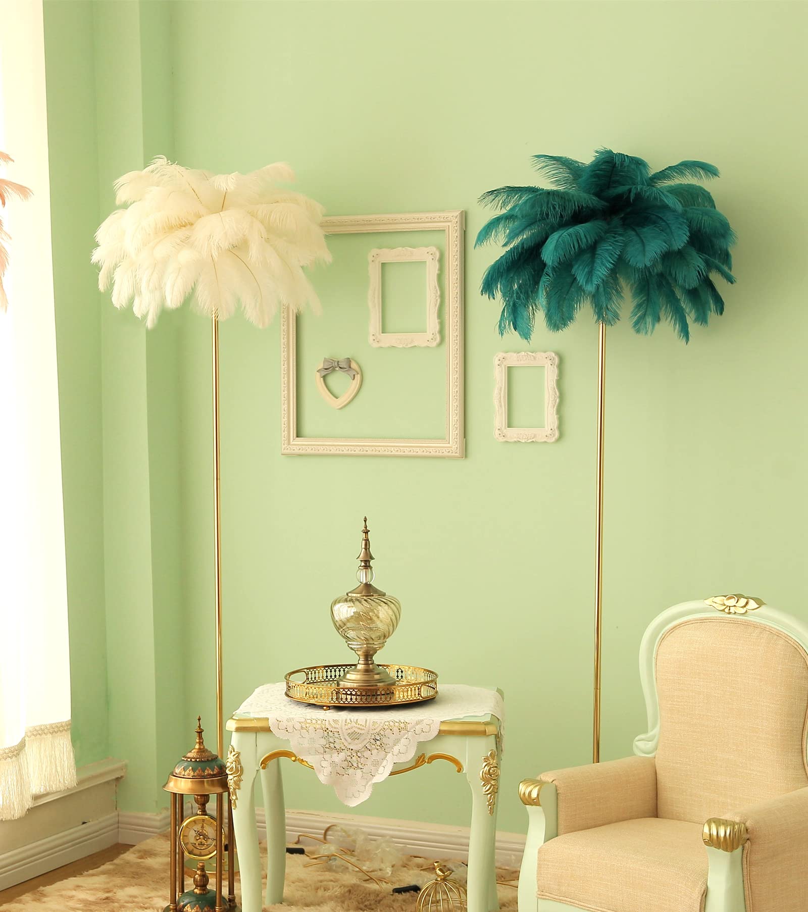 Natural White Ostrich Feather Floor Lamp - Modern Standing Light for Living Room & Bedroom Decor - Elegant Pink Girl's Room Lighting - Perfect for Cozy Reading Nook or Boho Chic Home Decor