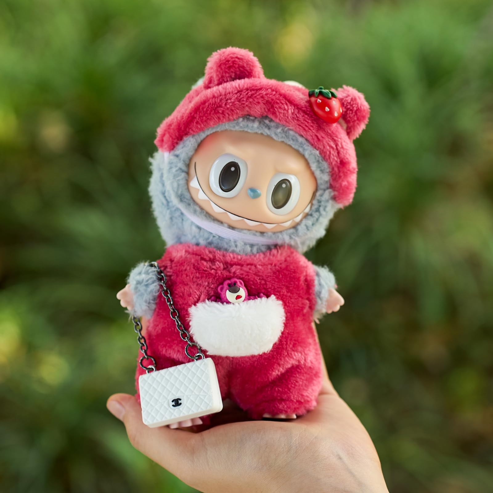 CALEMBOU Plush Doll Clothes for 17cm Labubu - Cute Cartoon Animal Series Outfit, Kawaii Strawberry Bear Costume (Clothes Only) | Perfect Birthday Gift & Collectible Doll Accessories for Display & Play
