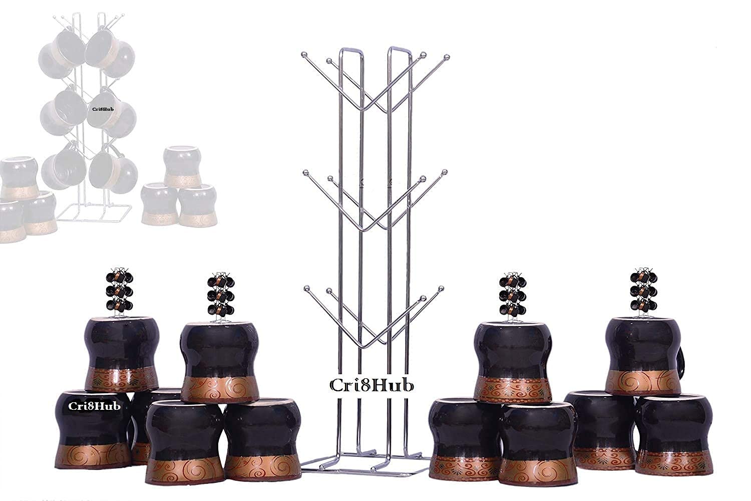 Cri8Hub 3-Pack Stainless Steel Kitchen Organizer - Space Saving Tiered Shelf Rack with Cup Holder for Countertop & Floor Mount | Perfect for Small Kitchens, Pantry Organization & Coffee Bar Setup