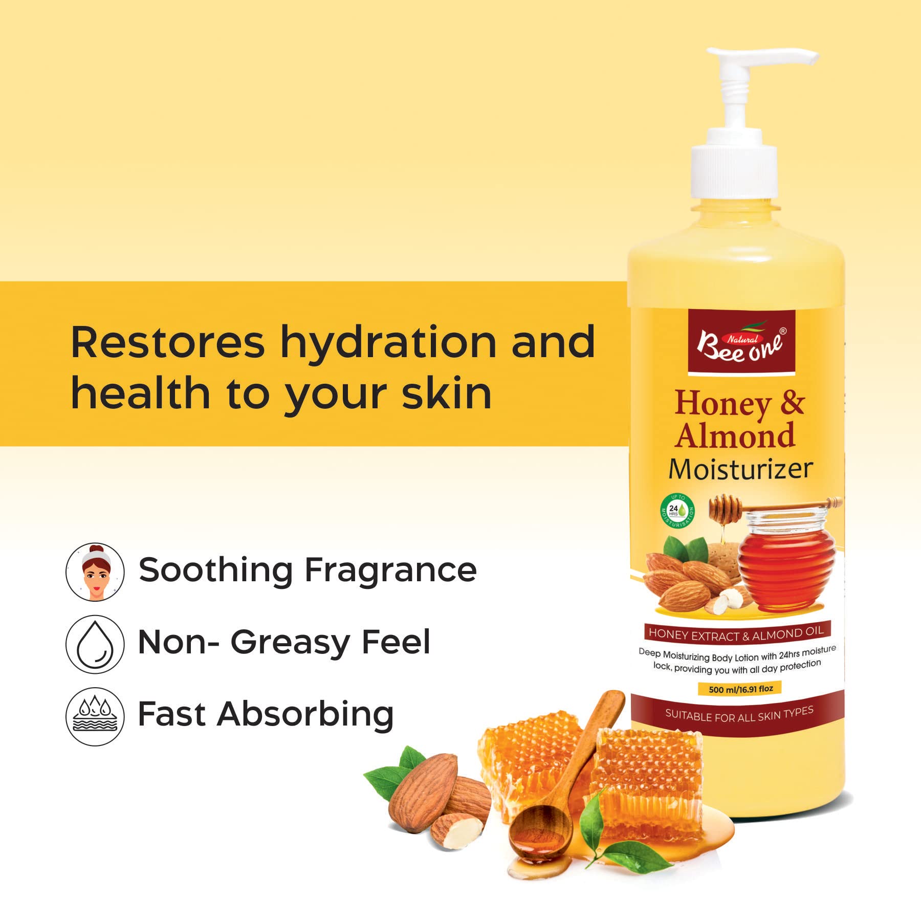 BEE ONE Honey Almond Moisturizing Lotion - 500ml Deep Hydration for Dry Skin | Perfect for Daily Use, After Shower & Winter Care