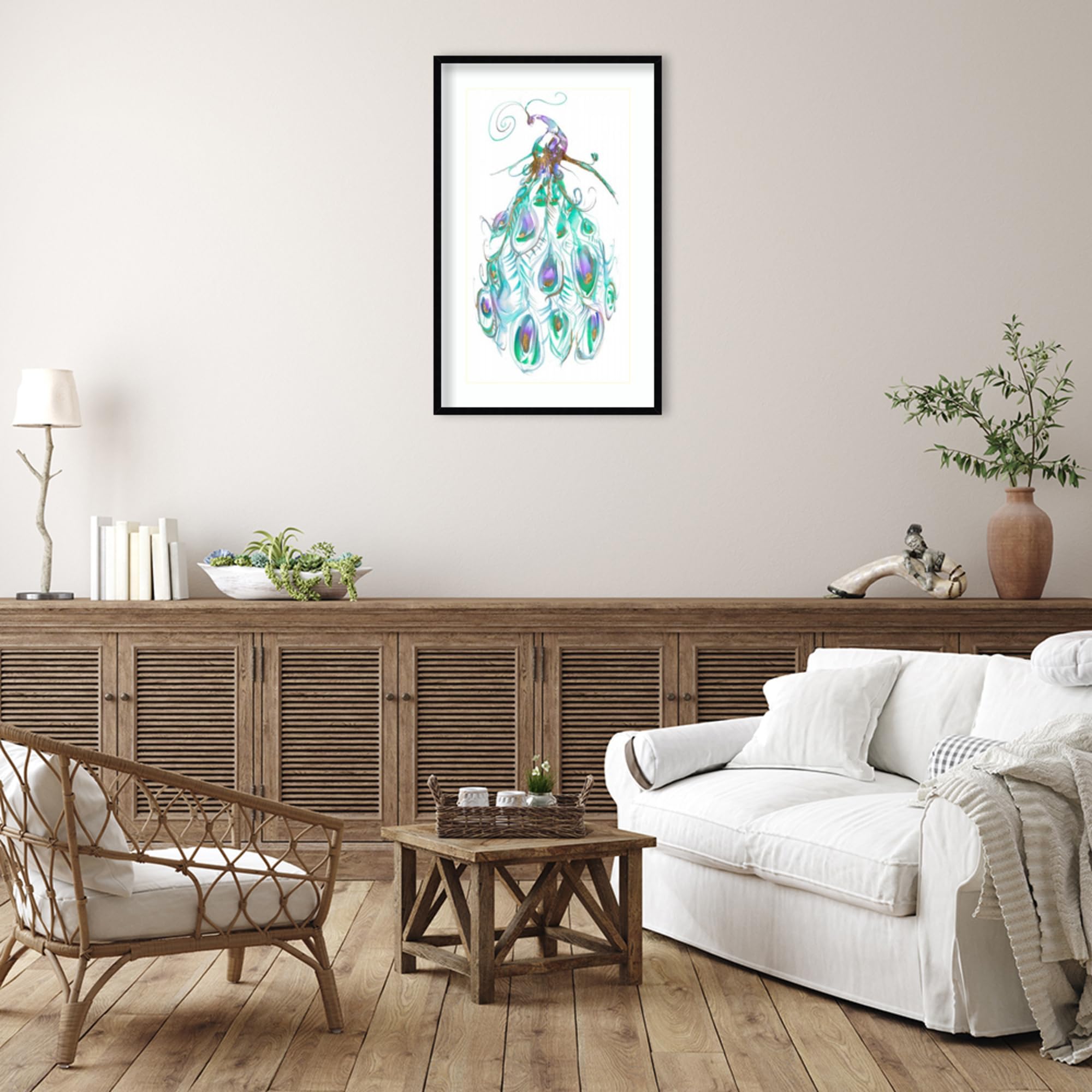 Amanti Art Framed Wall Art Print 41x26 - Gilded Peacock Plumes by Jennifer Goldberger | Animal Wall Decor | Modern Contemporary Painting for Living Room, Bedroom, Bathroom | Large Poster Artwork for Home & Office Decor