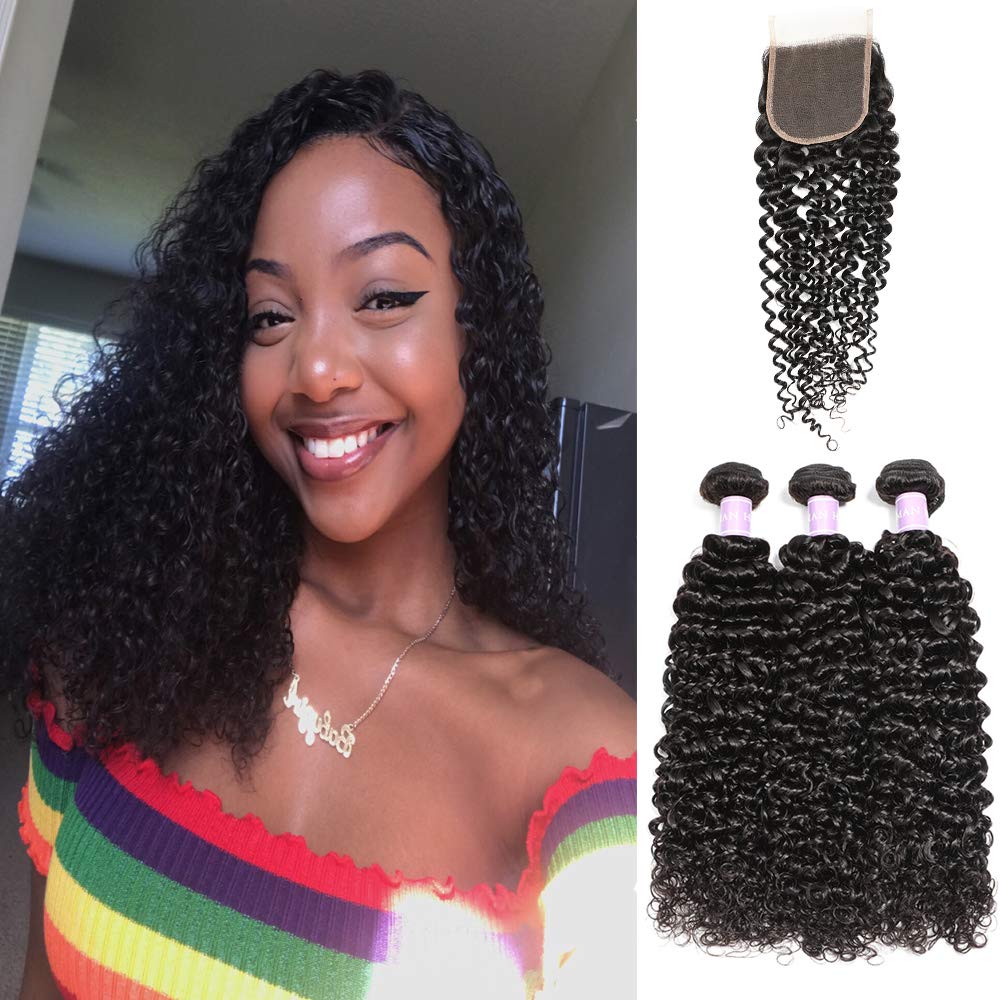 Brazilian Human Hair Bundles with 4x4 Lace Closure - 3 Bundles Curly Hair Extensions 12