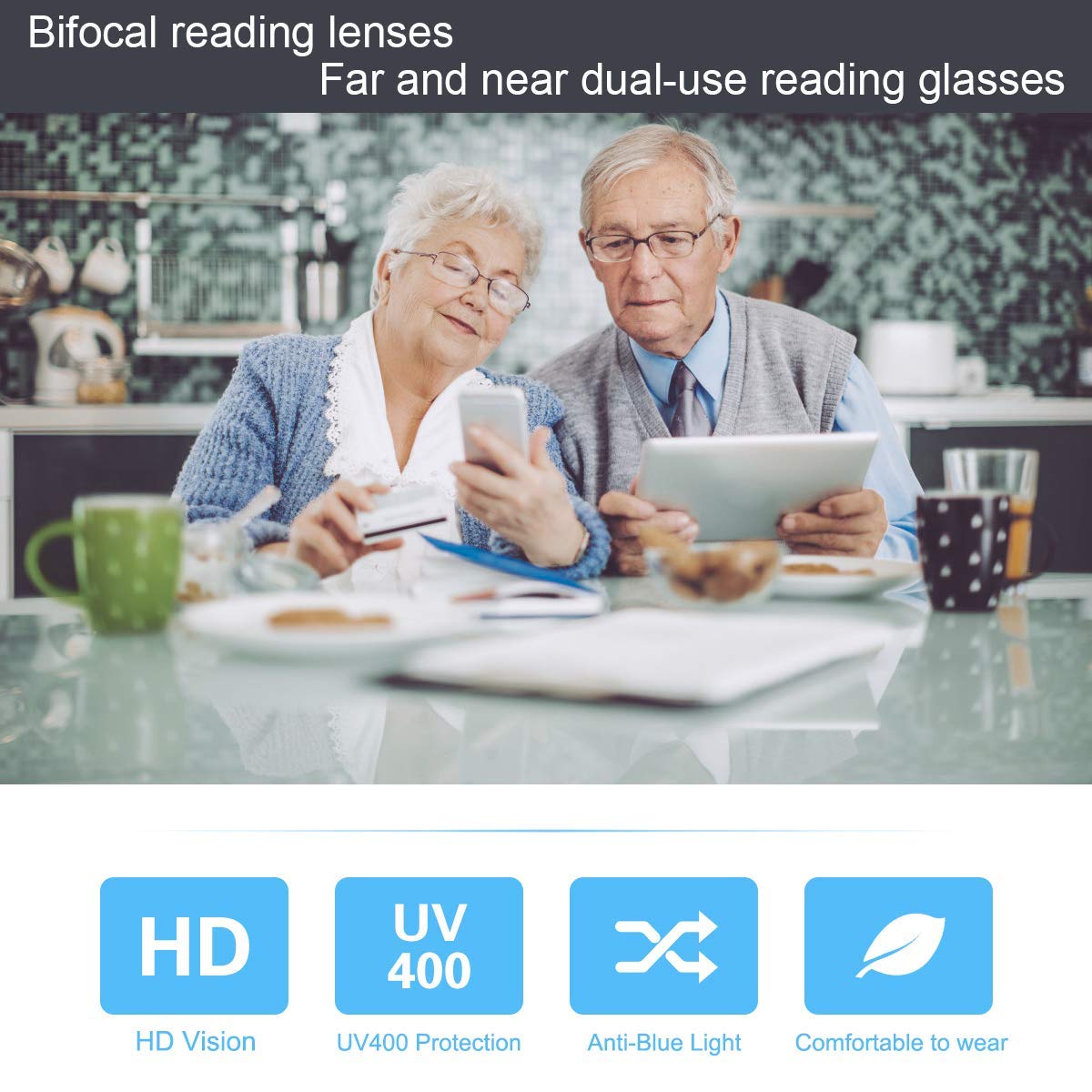 2.5X Magnification Photochromic Progressive Multifocus Transition Reading Glasses - Rimless Bifocal Blue Light Blocking Spring Hinge Readers with Anti-Glare for Eye Strain Relief | Perfect for Outdoor Reading, Computer Work & Driving