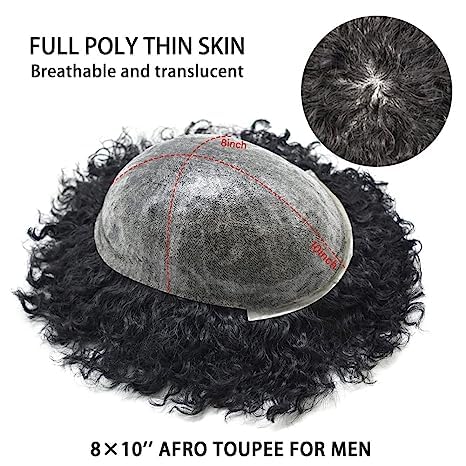 100% Human Hair Afro Toupee for Black Men - African American Curly Hair System with Injected PU Base (6mm Afro Wave, Jet Black) | Perfect for Daily Wear, Cosplay & Special Events