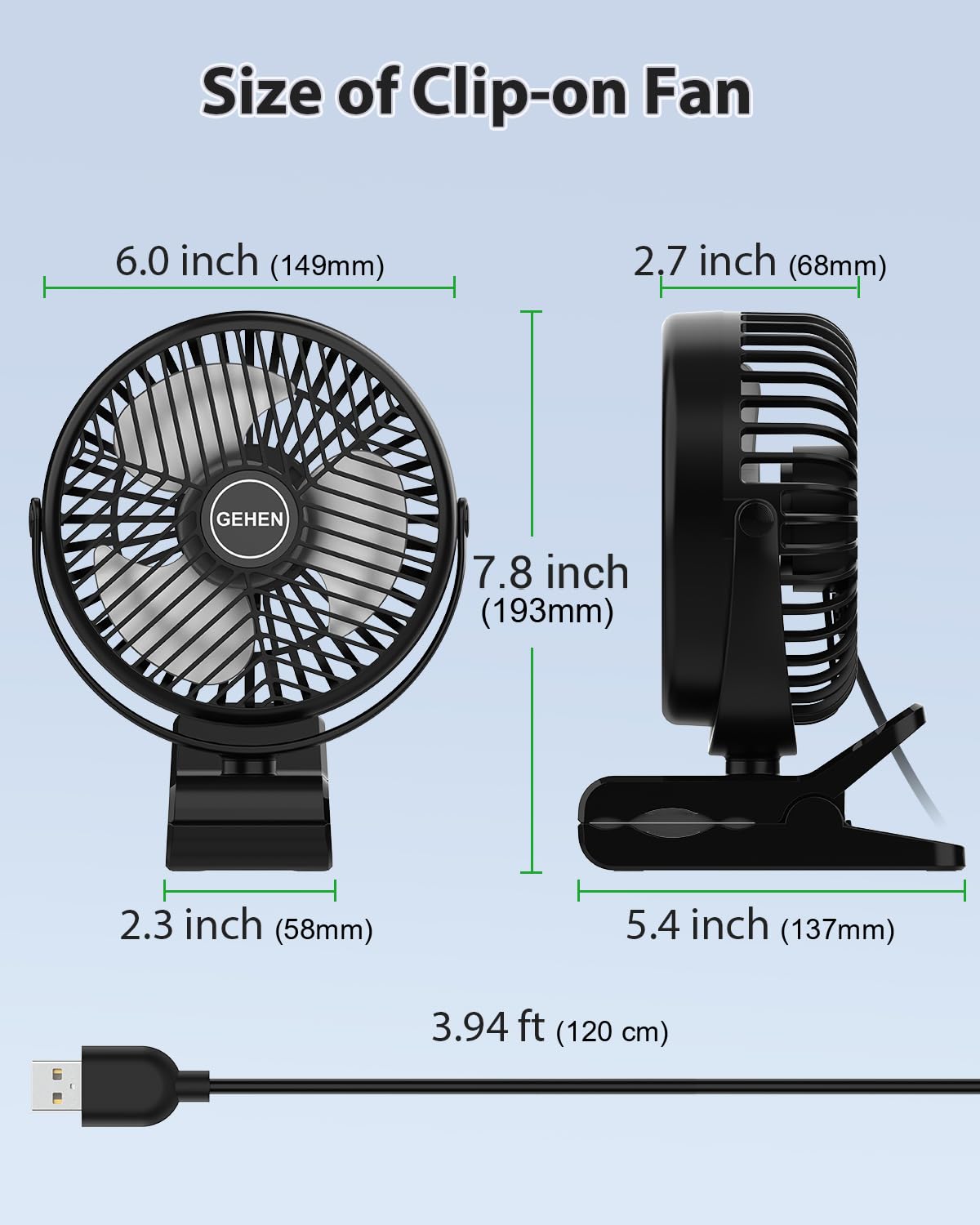 GEHEN Clip-On Fan with Sturdy Clamp - USB Powered 3-Speed Portable Fan, Ultra Quiet Personal Cooling Fan for Bedroom, Office, Stroller, Baby Crib & Treadmill Workouts