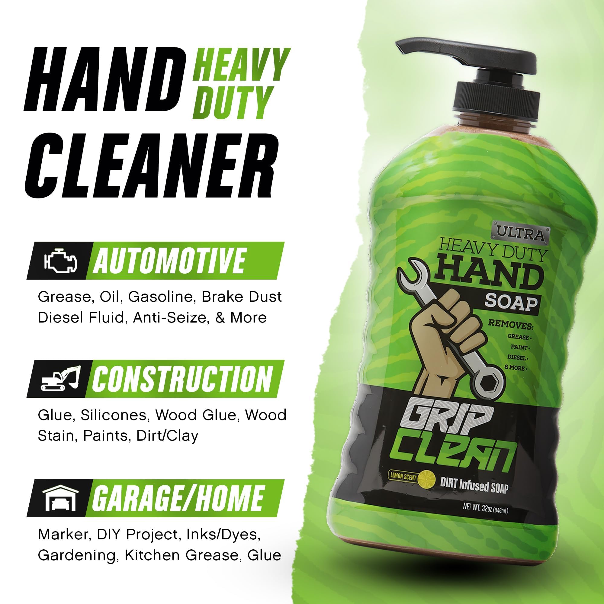 Grip Clean Ultra Heavy Duty Hand Cleaner for Auto Mechanics - Walnut Scrub Exfoliating Waterless Hand Soap | Removes Grease, Oil, Paint & Tough Dirt | Lemon Scented | Ideal for Garage, Workshop & DIY Projects