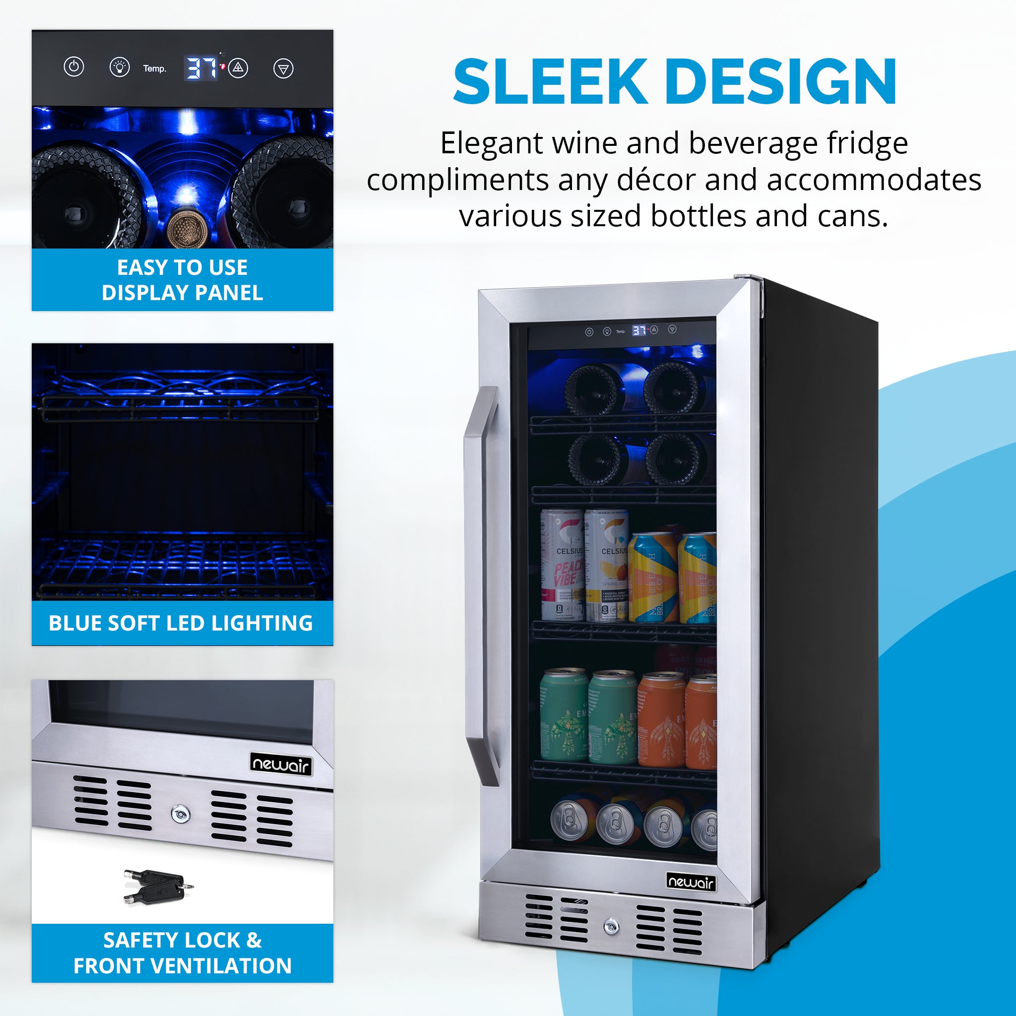 Newair® 80 Can 33 Bottle Stainless Steel Beverage Refrigerator - Built-In Cooler for Beer, Wine & Soda - Perfect for Home Bar, Office & Man Cave