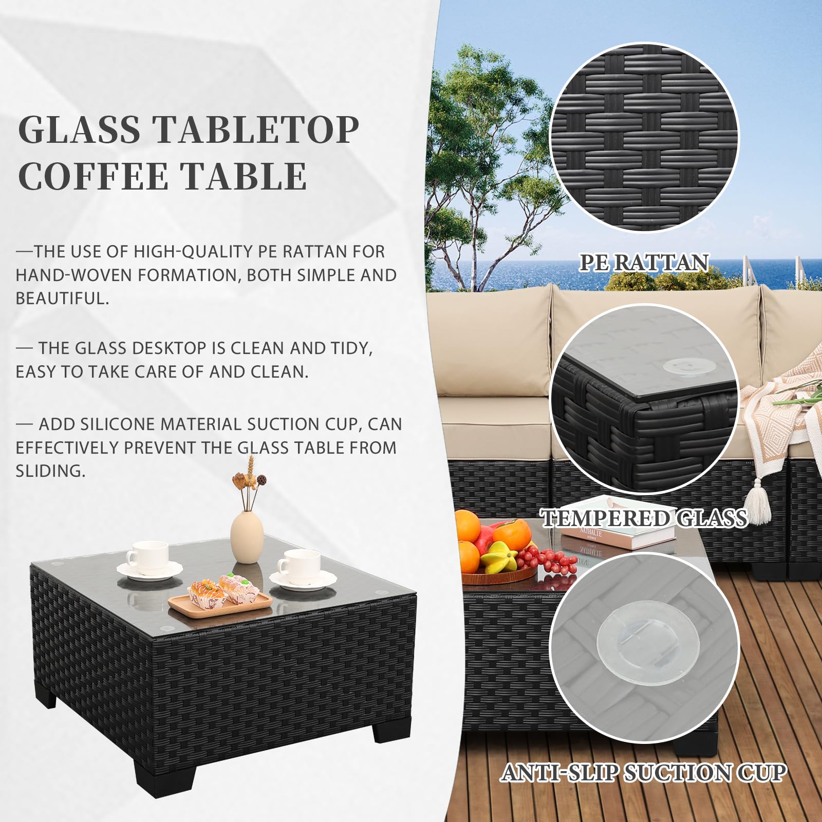 Valita 7-Piece Outdoor PE Wicker Patio Furniture Set - Black Rattan Sectional Sofa with Washable Khaki Cushions | Perfect for Backyard, Poolside & Garden Relaxation