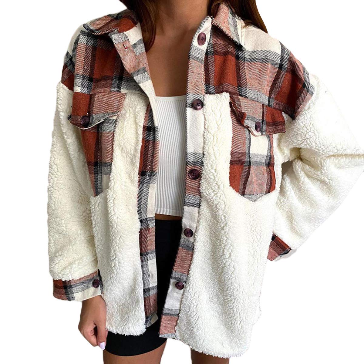 Women's Sherpa Fleece Coat - Long Sleeve Plaid Patchwork Warm Jacket Cardigan with Pockets | Cozy Winter Outerwear for Casual Outings & Outdoor Activities