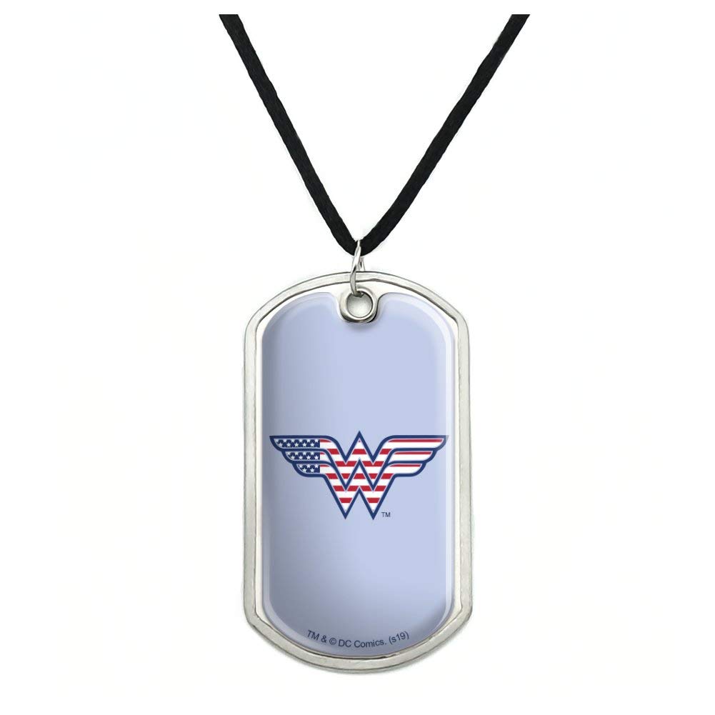 Wonder Woman USA American Flag Logo Military Dog Tag Pendant Necklace with Cord - Superhero Jewelry for Women, Patriotic Gift for Fans, Cosplay & Everyday Wear