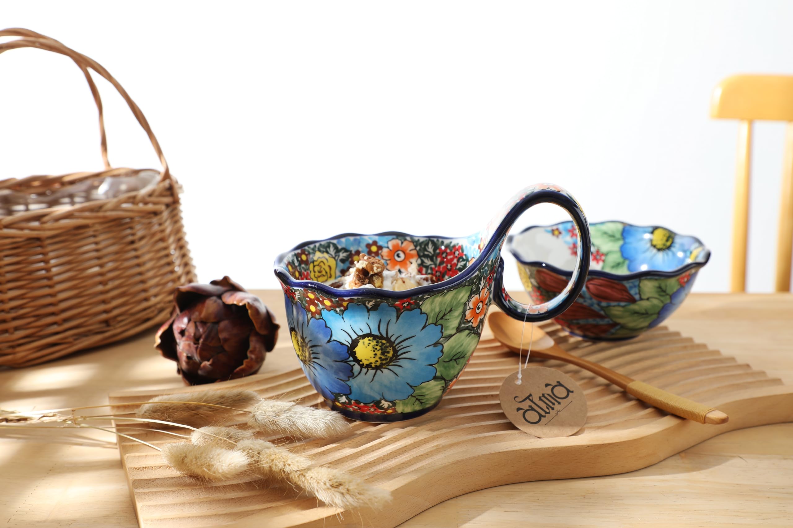 ALMA Handpainted Ceramic Soup Bowl with Loop Handle - 18.6oz Microwave & Dishwasher Safe Cereal Bowl - Perfect for Soup, Chili, Stew, Ice Cream - Ideal for Family Dinners, Restaurant Use & Gifts