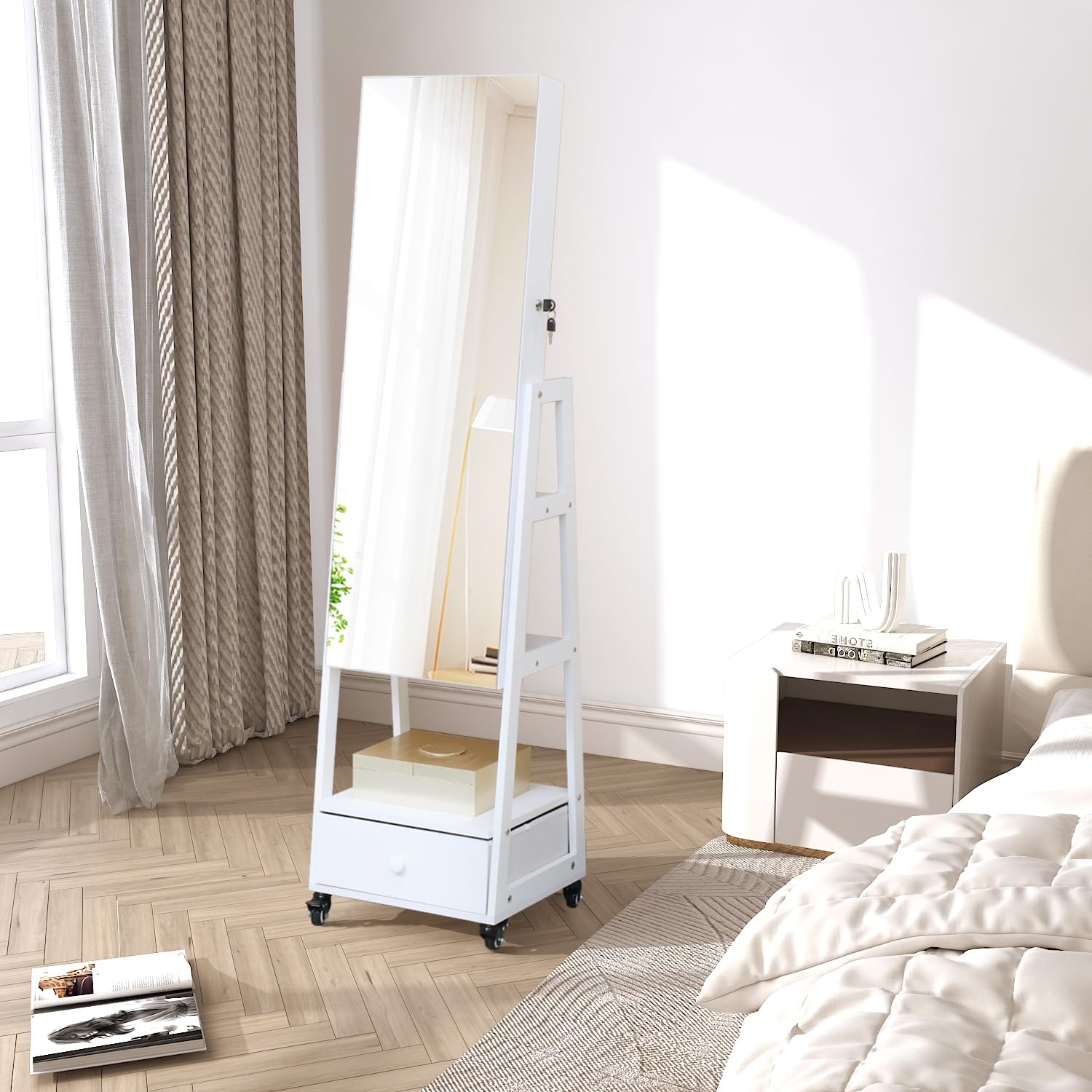 **62 Inch Full Length Mirror Jewelry Cabinet - Standing Jewelry Armoire Organizer with Lockable Storage, Drawers & Wheels - White - Perfect for Bedroom, Closet & Dressing Room**