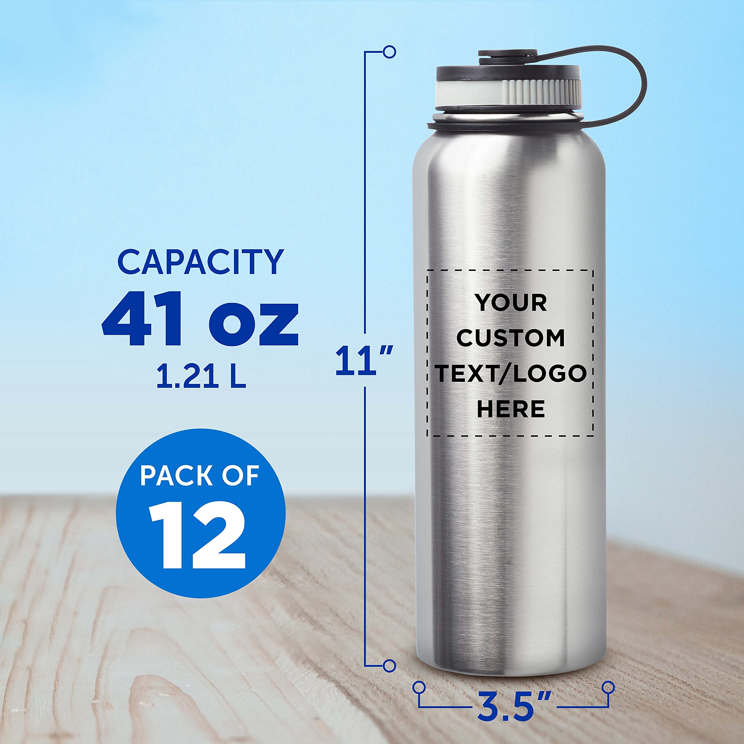 12 Pack 41 oz Stainless Steel Vacuum Insulated Water Bottles - Double Wall Thermal, Custom Text/Logo Engraving, Silver - Perfect for Gym, Hiking, Camping & Office Use