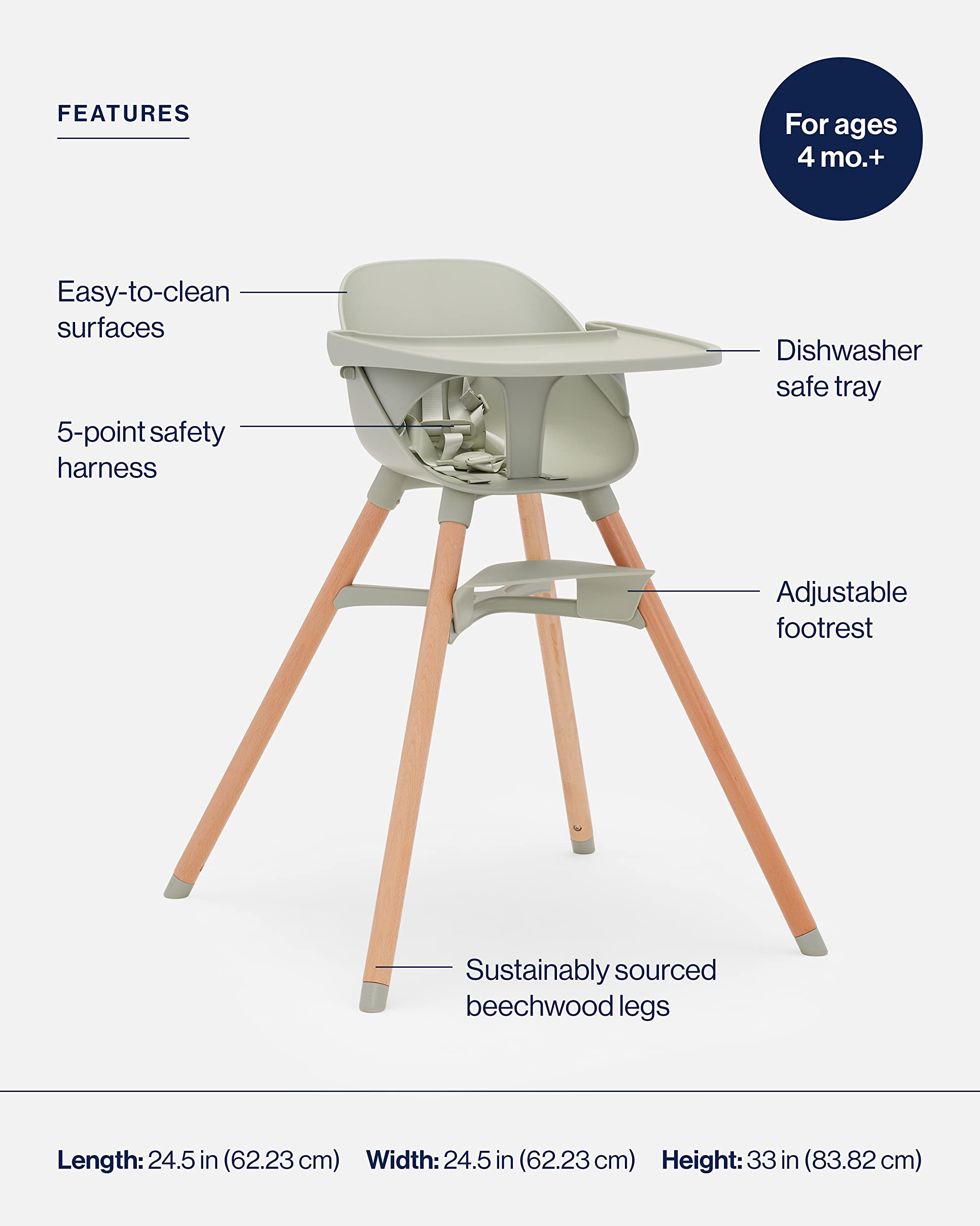 Lalo The Chair Convertible 3-in-1 High Chair for Babies & Toddlers | Adjustable Wooden Baby High Chair with Dishwasher-Safe Tray & Footrest | Sage Green | Perfect for Dining, Feeding, and Playtime