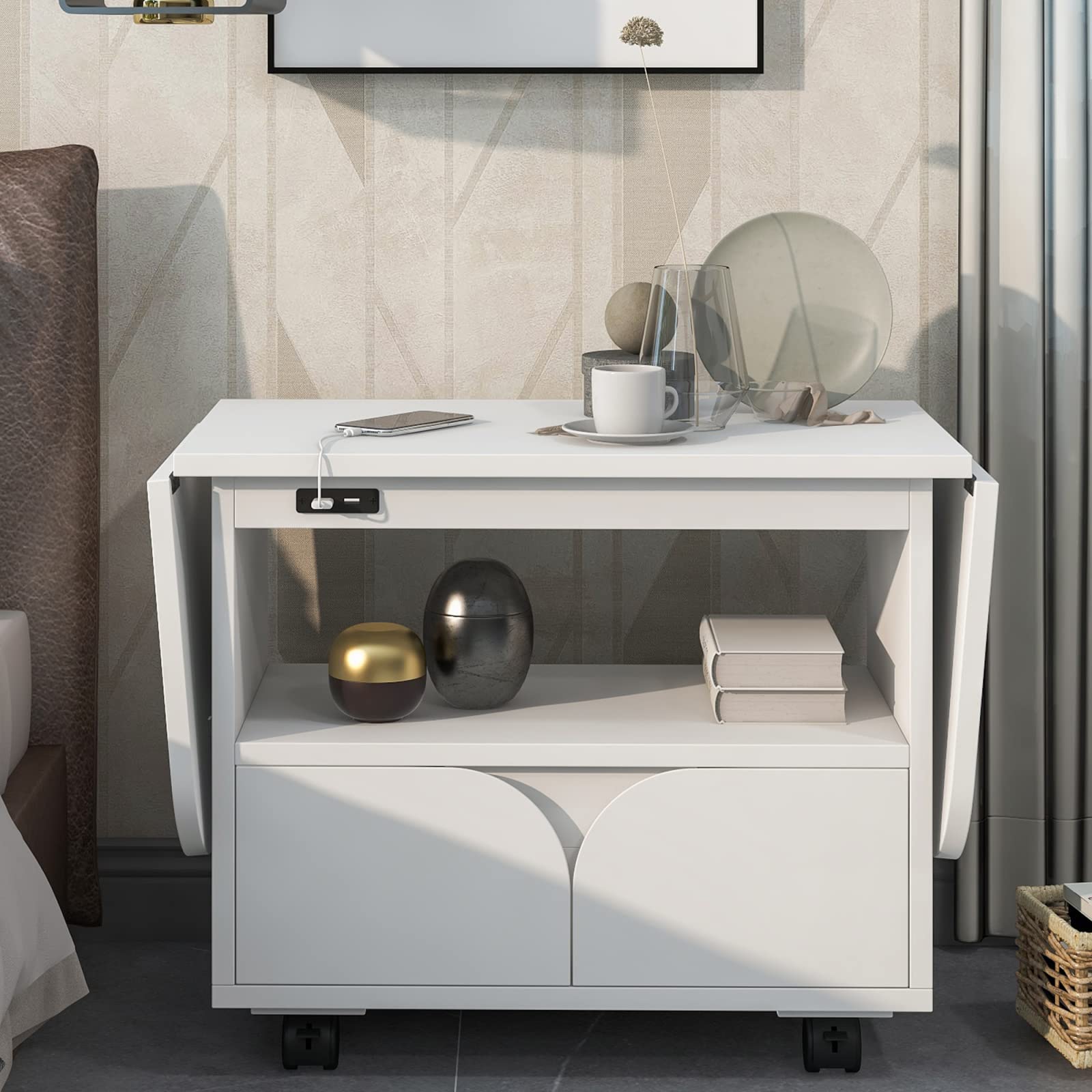 2 Drawer Foldable Nightstand with Drop Leaf Top, USB Charging Port & Wheels - Wooden Bedside Table with Open Shelf for Bedroom & Living Room - Perfect for Small Spaces, Apartment & Dorm Room Use