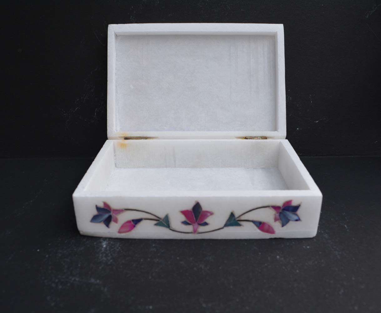 Handmade Marble Inlay Pietra Dura Jewelry Box 6x4 Inch - Floral Gemstone Decorative Storage Box for Jewelry, Dry Food & Chocolates | Elegant Home Decor & Gift Idea for Women