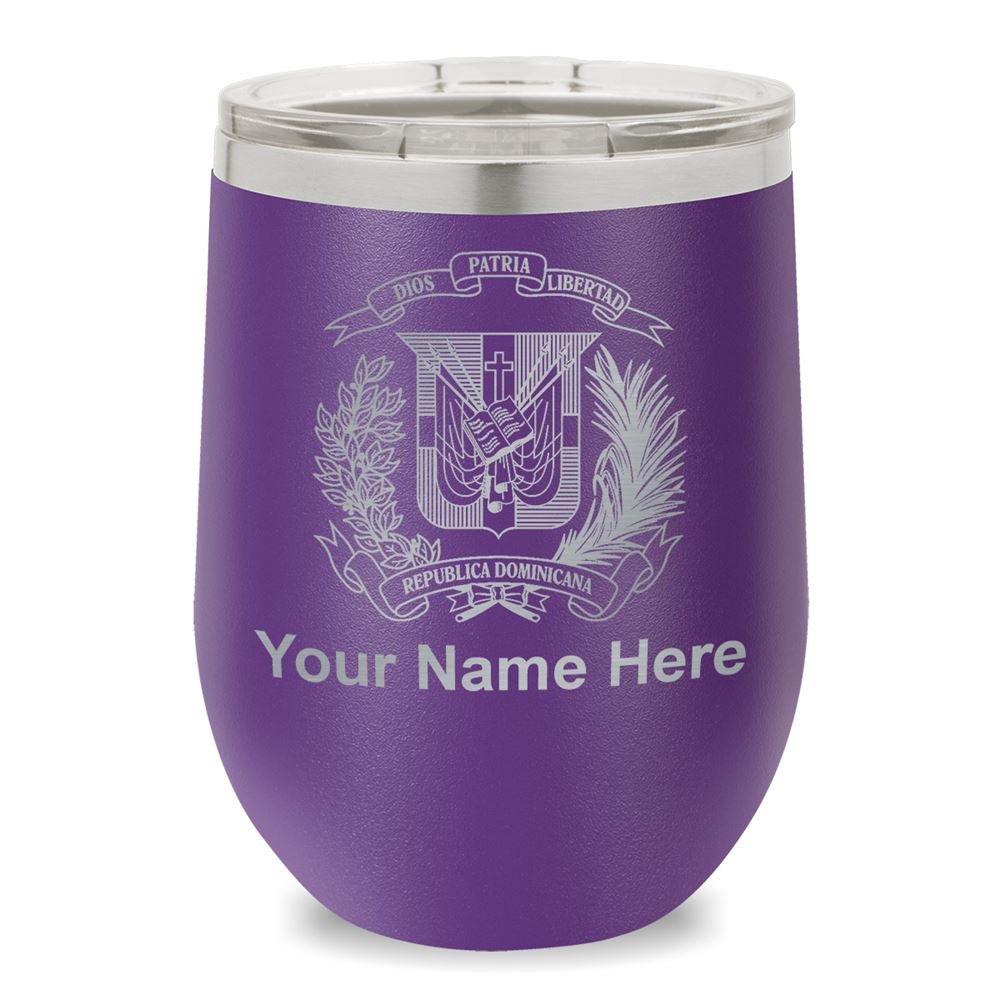 Personalized Wine Glass Tumbler with Dominican Republic Coat of Arms Engraving - Dark Purple Stemware for Parties, Gifts & Home Decor