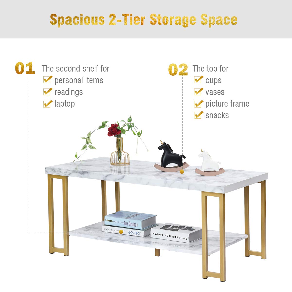 Giantex Modern 2-Tier Rectangular Coffee Table with Faux Marble Top & Gold Metal Frame - Accent Center Table for Living Room, Bedroom, Lounge - Perfect for Entertaining Guests or Relaxing with Coffee