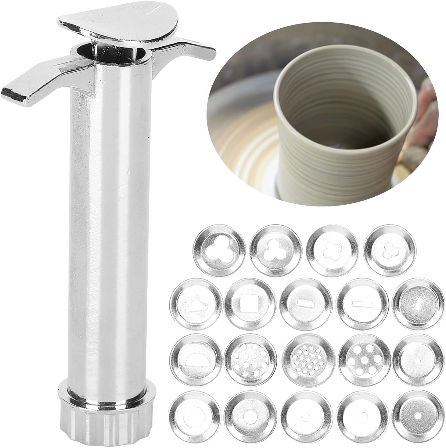 Premium Silver Clay Extruder Kit - 19Pc Multi-Function Ceramic Extruder Tool with Interchangeable Nozzles for Polymer Clay, Pottery & Sculpting - Perfect for DIY Crafts, Jewelry Making & Art Projects