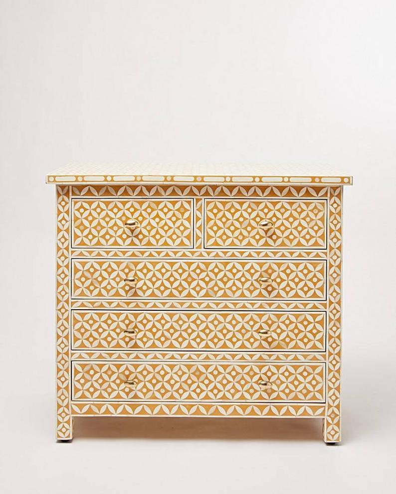 Handmade Bone Inlay Dresser with Geometric Patterns in Yellow - 5 Drawer Vintage Bedroom Chest | Perfect for Boho Chic Decor, Master Bedroom Storage & Guest Room Furniture