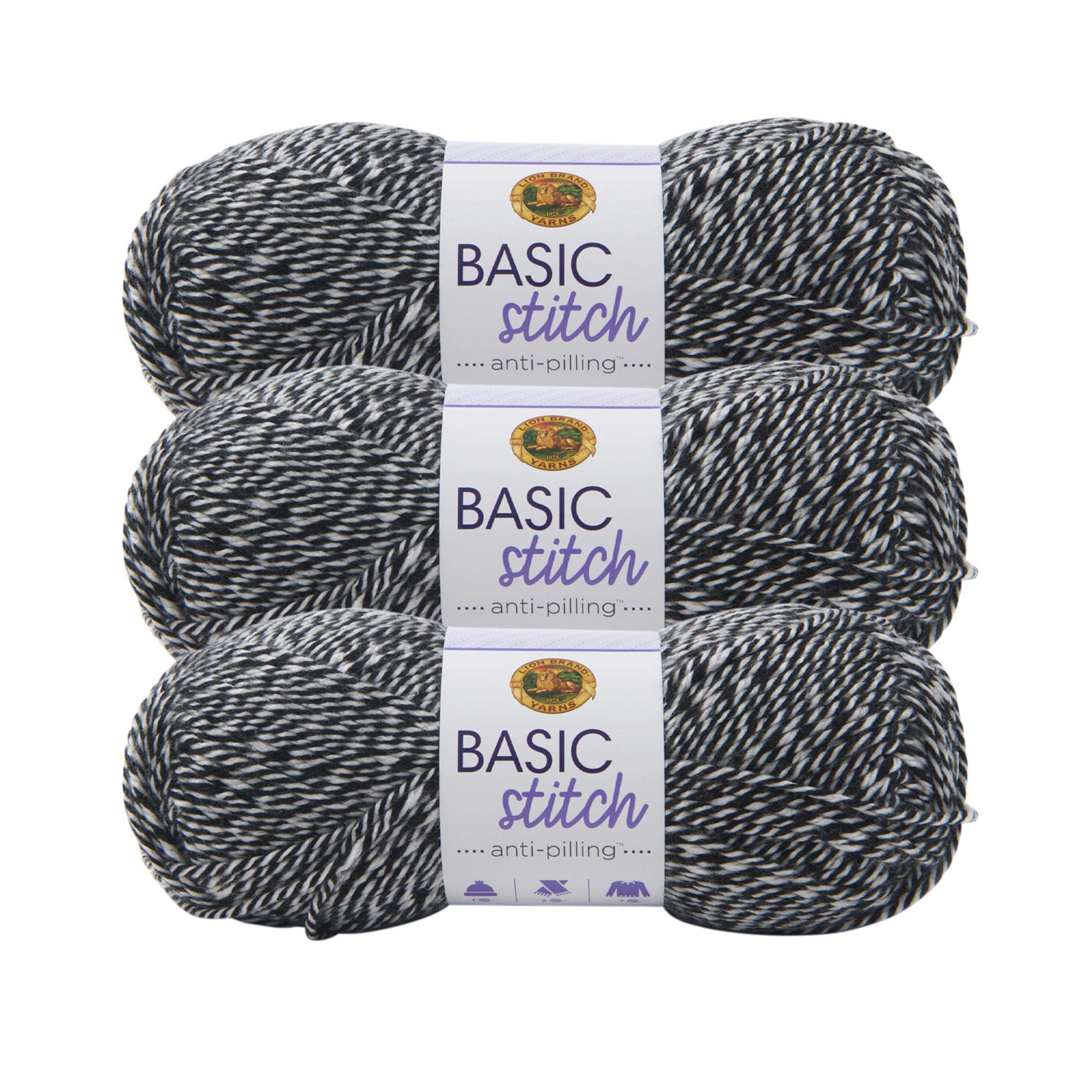 Lion Brand Yarn Basic Stitch Anti-Pilling Knitting & Crochet Yarn - 3-Pack (Black/White) - Soft & Durable for Sweaters, Scarves, Blankets & DIY Crafts