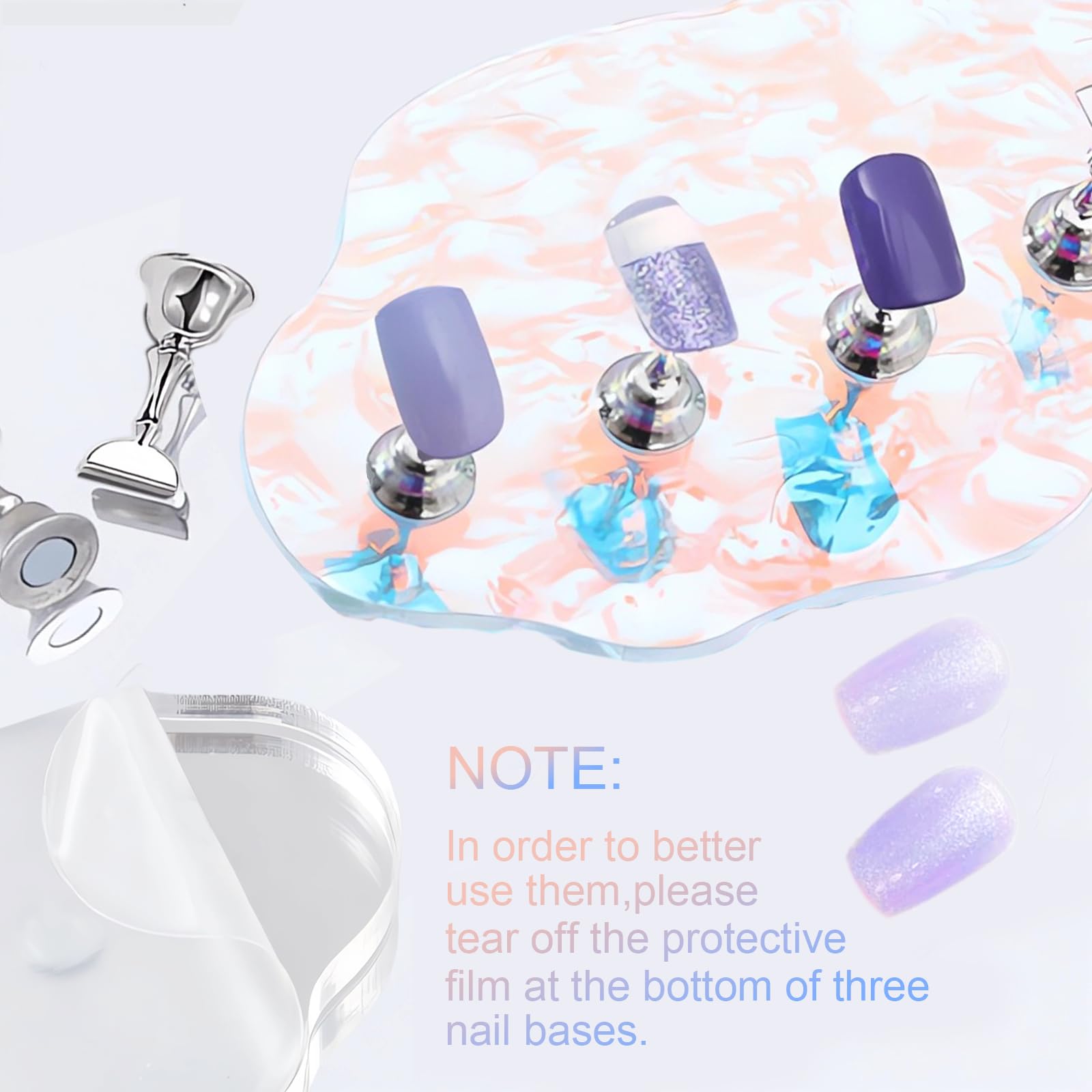 2-Piece Press On Nail Stand Set with Aurora Acrylic Nail Holders - Includes Mini Clear Base, Dual-Color Metal Stands & Reusable Sticky Putty for Nail Art, Painting, Display & Salon Use