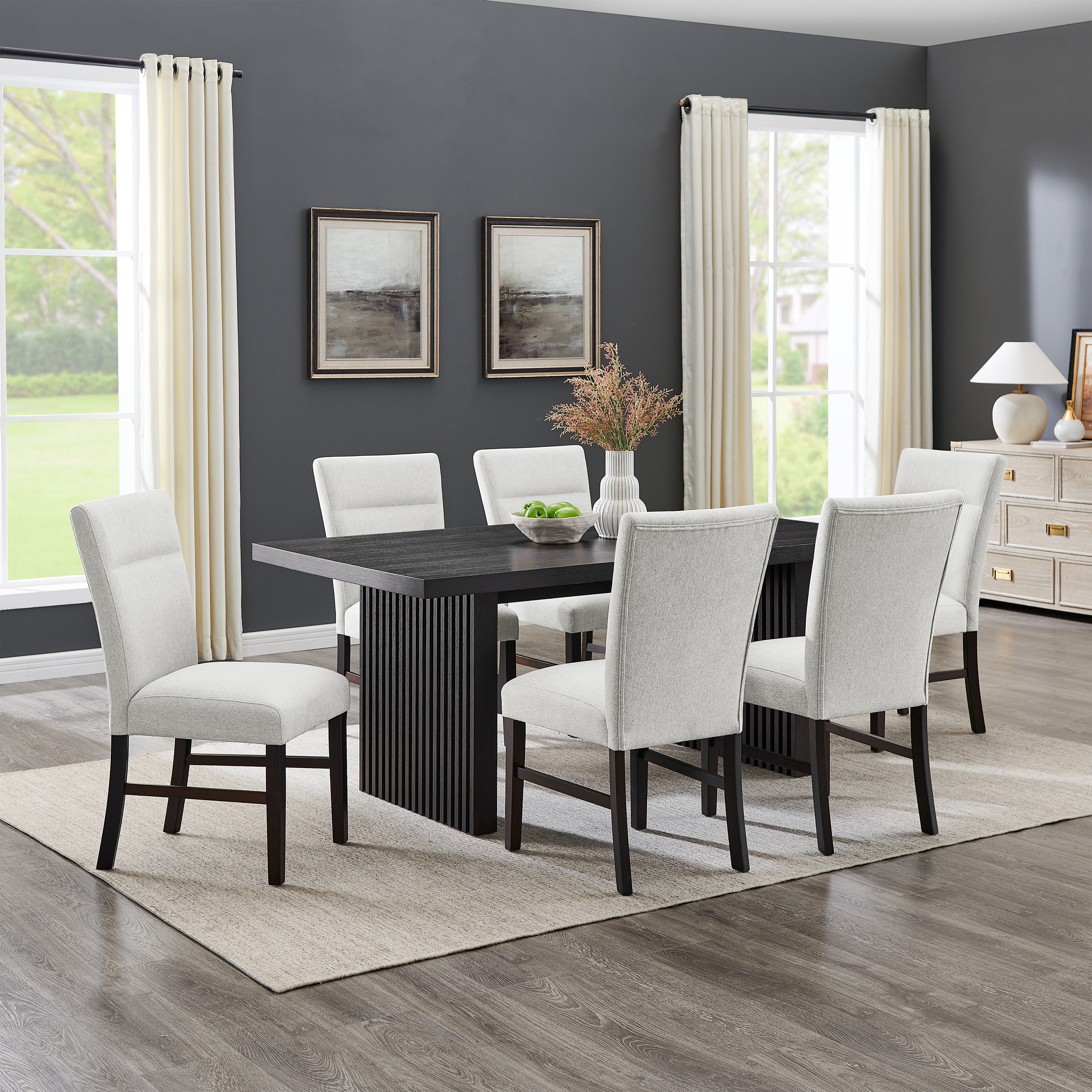 Roundhill Furniture Madison 7-Piece Dining Set - Gray Slat Fluted Dining Table with 6 Modern Upholstered Chairs for Kitchen, Dining Room & Small Space Decor