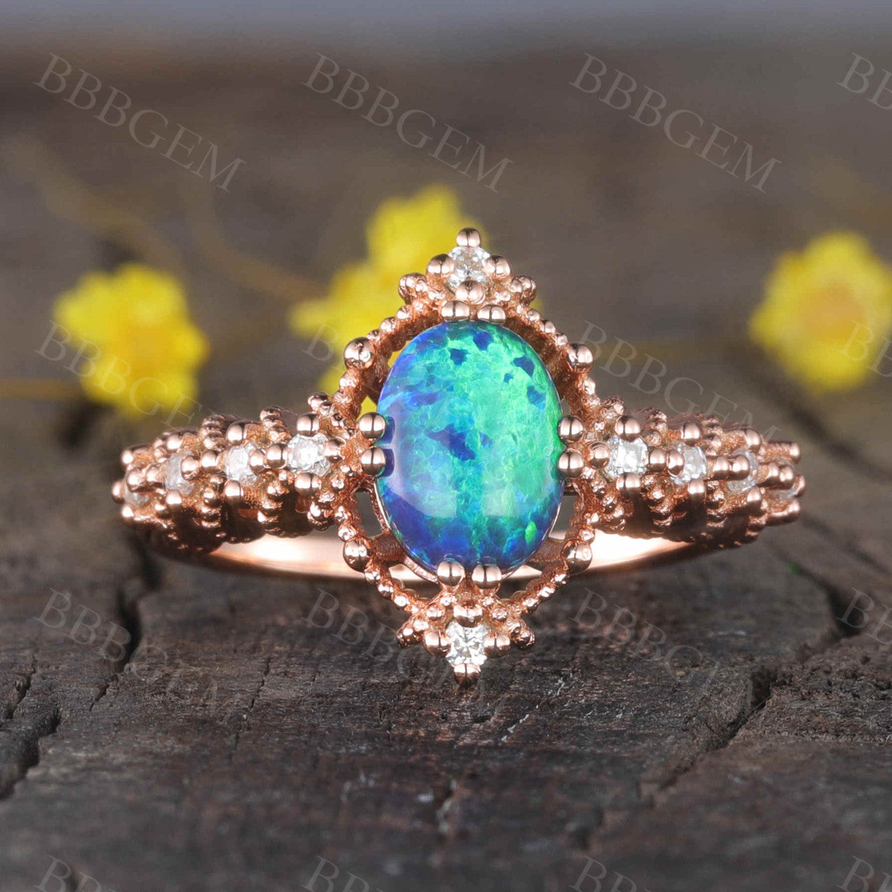 14K/18K Vintage Black Opal Engagement Ring with Diamond Band - Elegant Promise Jewelry for Wedding, Proposal & Anniversary Gifts
