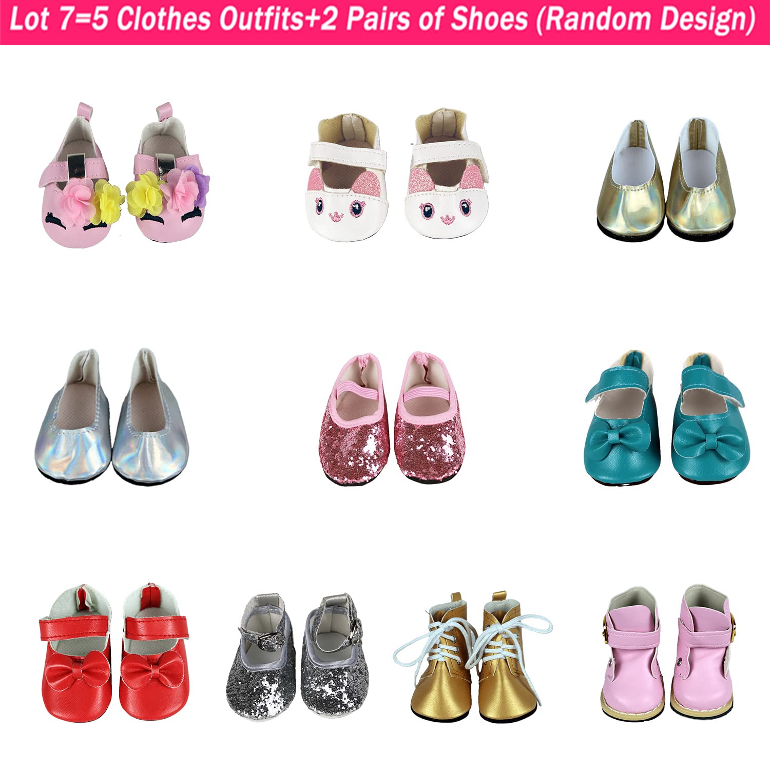 18 Inch Doll Clothes Set - 5 Everyday Outfits & 2 Random Shoes | American Girl Doll Fashion Gift | Perfect for Playtime, Dress-Up & Collectibles