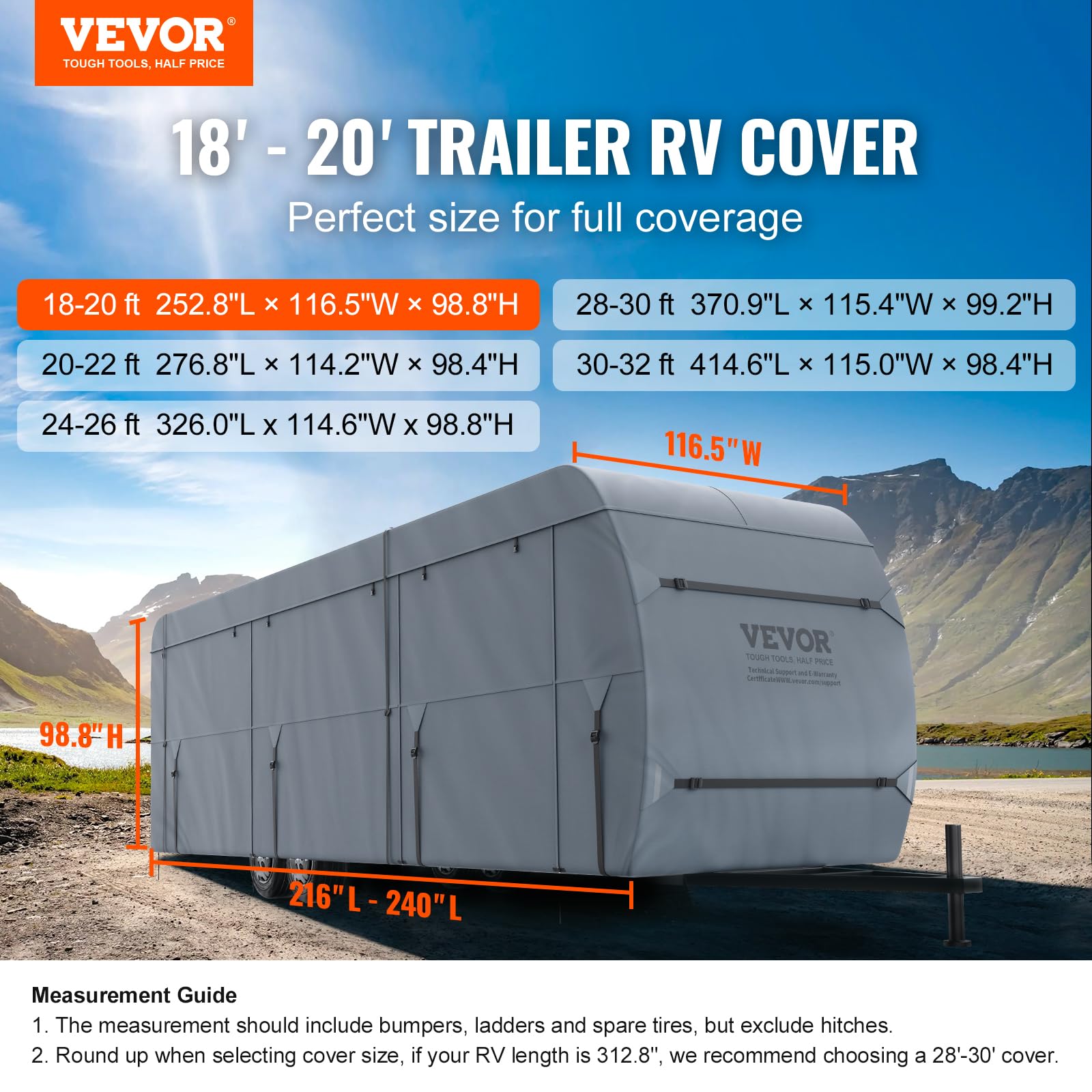 VEVOR 18-20' RV Travel Trailer Cover - 4-Layer Waterproof Windproof Camper Cover with Storage Bag | Heavy Duty Rip-Stop Non-Woven Fabric for Class A Motorhomes | Perfect for Outdoor Storage & Winter Protection