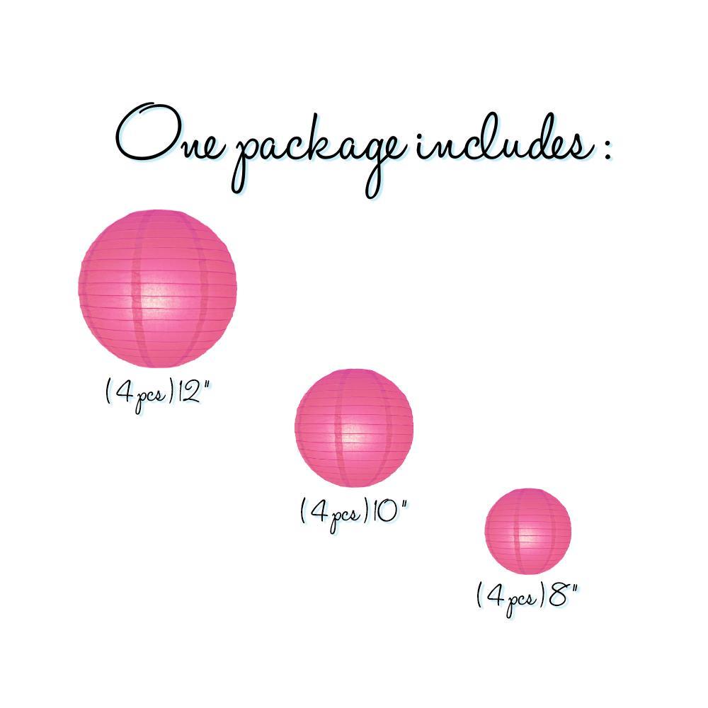 12-Piece Fuchsia & Hot Pink Chinese Paper Lanterns - Wedding & Party Decoration Set (12/10/8 Inch) - Perfect for Asian-Themed Events, Birthday Parties & Home Decor