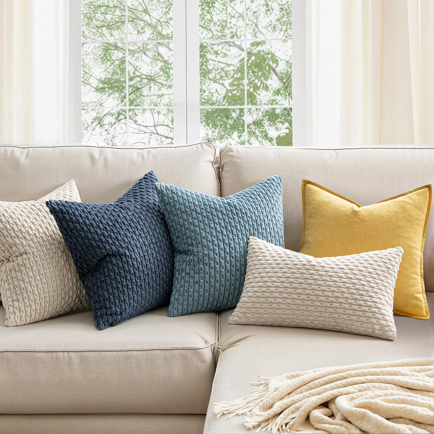 MIULEE Soft Corduroy Boho Striped Throw Pillow Covers Set of 2 - 18x18 Inch Cream White Decorative Pillow Cases for Couch, Sofa, Bed & Living Room - Farmhouse Home Decor Perfect for Spring Refresh & Cozy Comfort