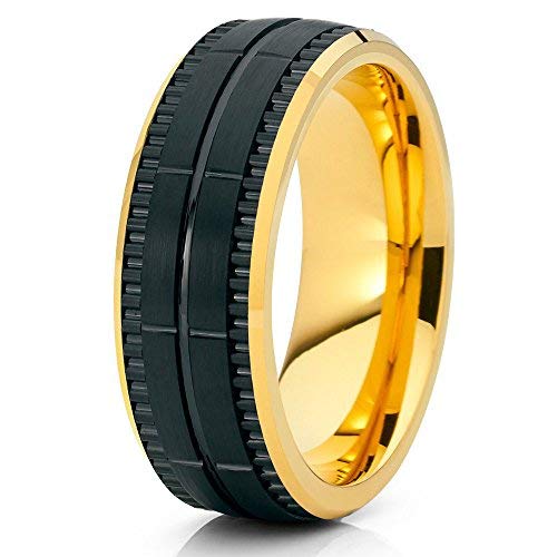 18K Yellow Gold Plated Tungsten Carbide Wedding Ring for Men - Comfort Fit Black & Yellow Wedding Band, Anniversary & Engagement Ring - Perfect for Everyday Wear, Gifts & Special Occasions