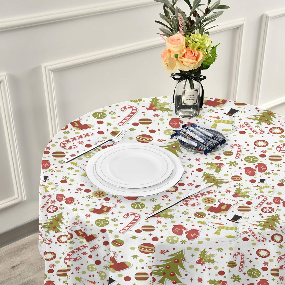 Senya 60 Inch Round Christmas Tablecloth - Cartoon Holiday Decorative Table Cover for Circular Dining Tables | Perfect for Christmas Dinner Parties, Family Gatherings & Festive Home Decor