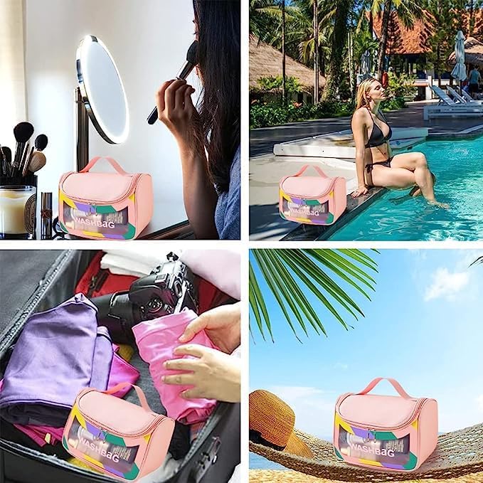 Waterproof Transparent Travel Cosmetic Bag for Women - Multipurpose Makeup & Toiletry Organizer with Zipper - Portable Pink Cosmetic Pouch for Home, Gym, Airplane & Vacation Essentials