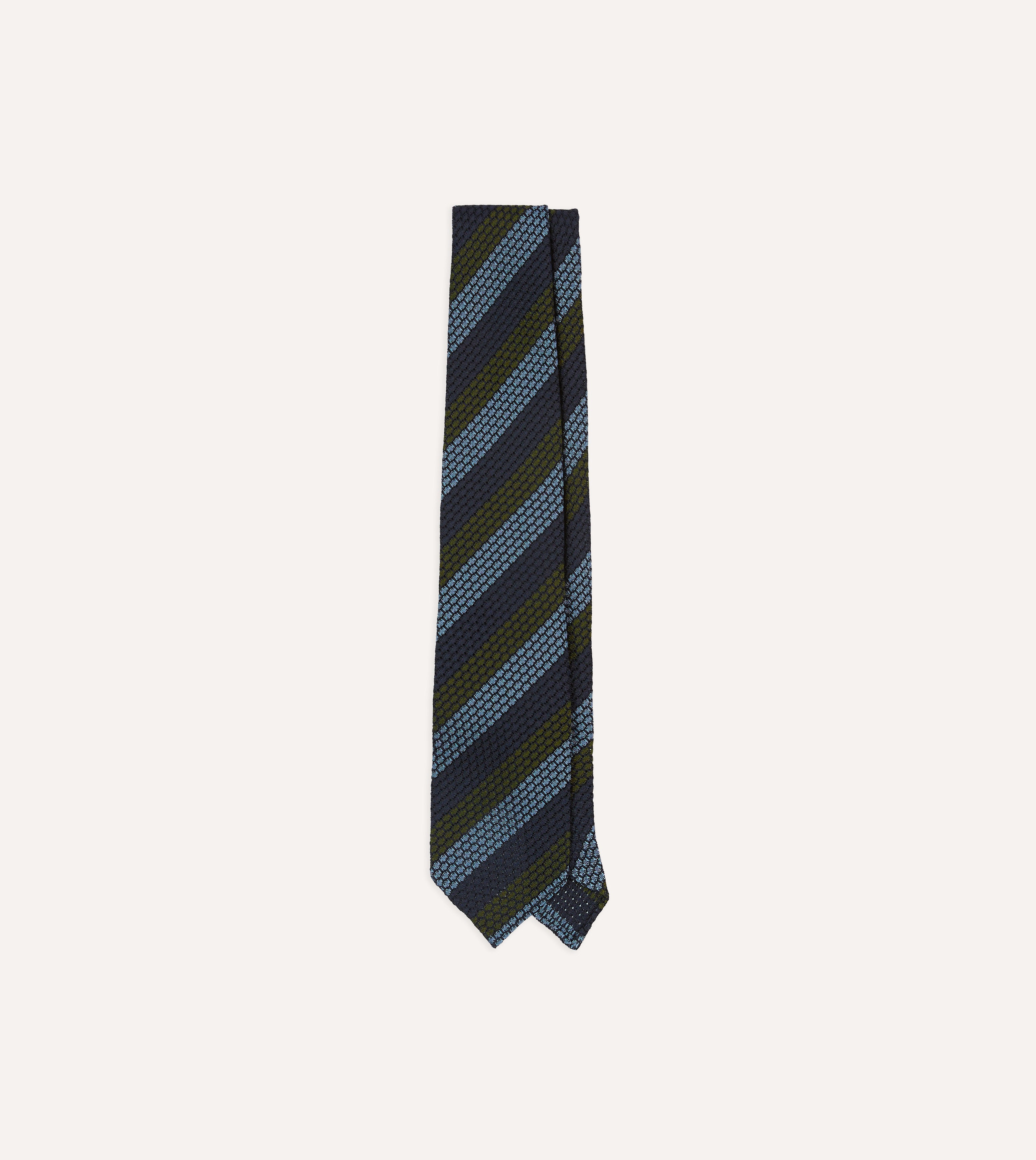 Premium Navy, Green & Blue Block Stripe Hand-Rolled Silk Grenadine Necktie - Elegant Formal Wear for Business Meetings & Special Occasions